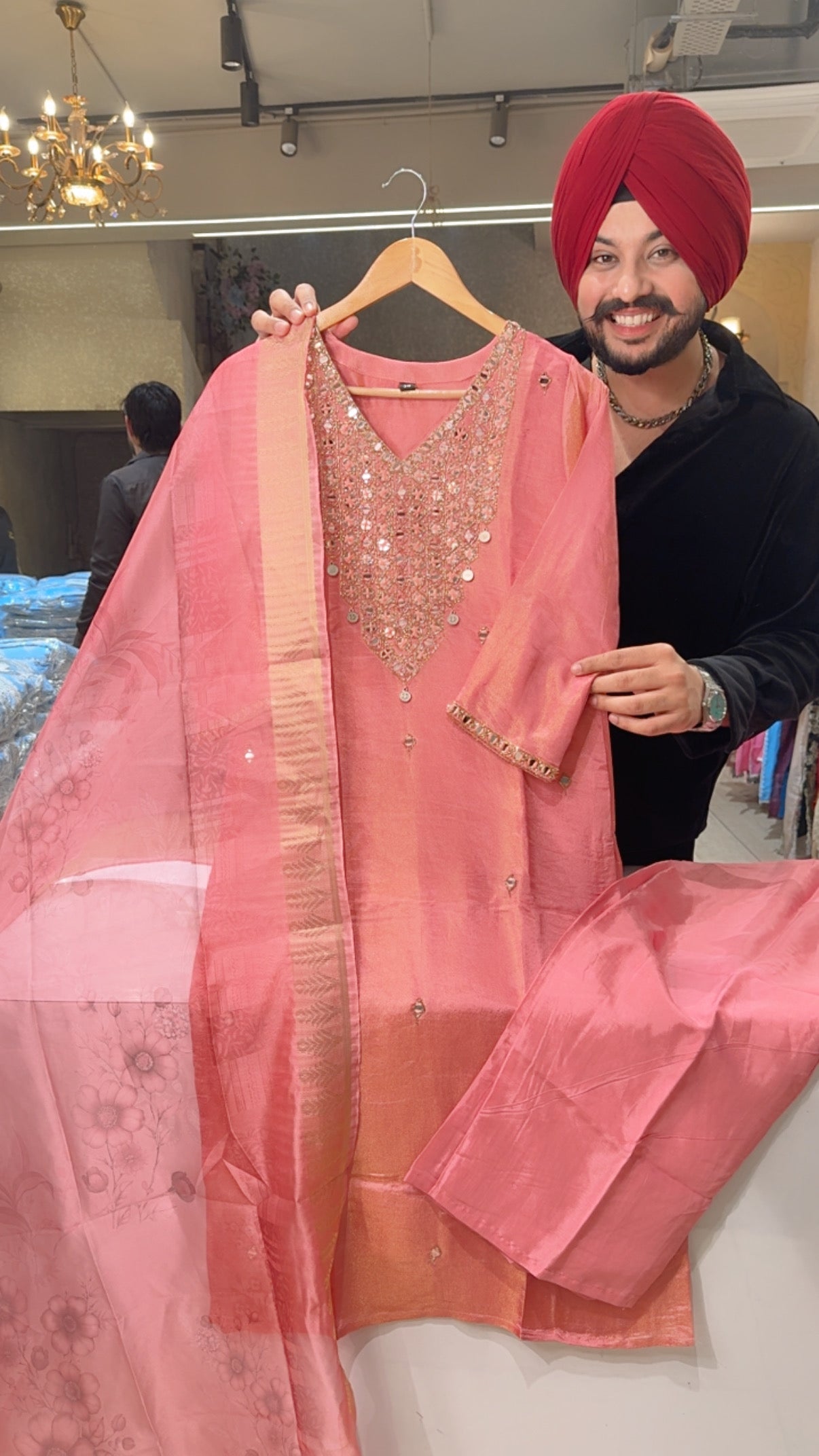 Pastel Pink Shimmer Silk Hand embroidered Party Wear Suit with Beautiful Organza Duppata