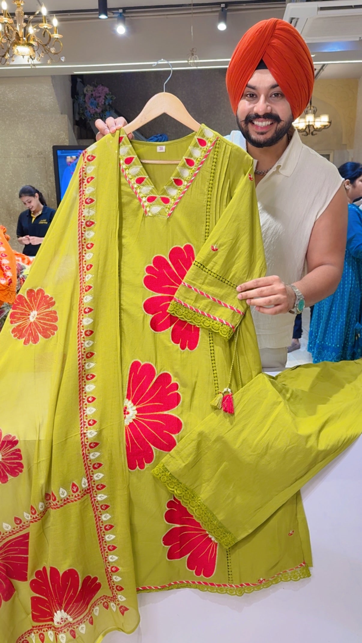 Light parrot Pure Cotton Floral Embroidered Side knot Semi Formal Suit with Beautiful Hand painted Duppata
