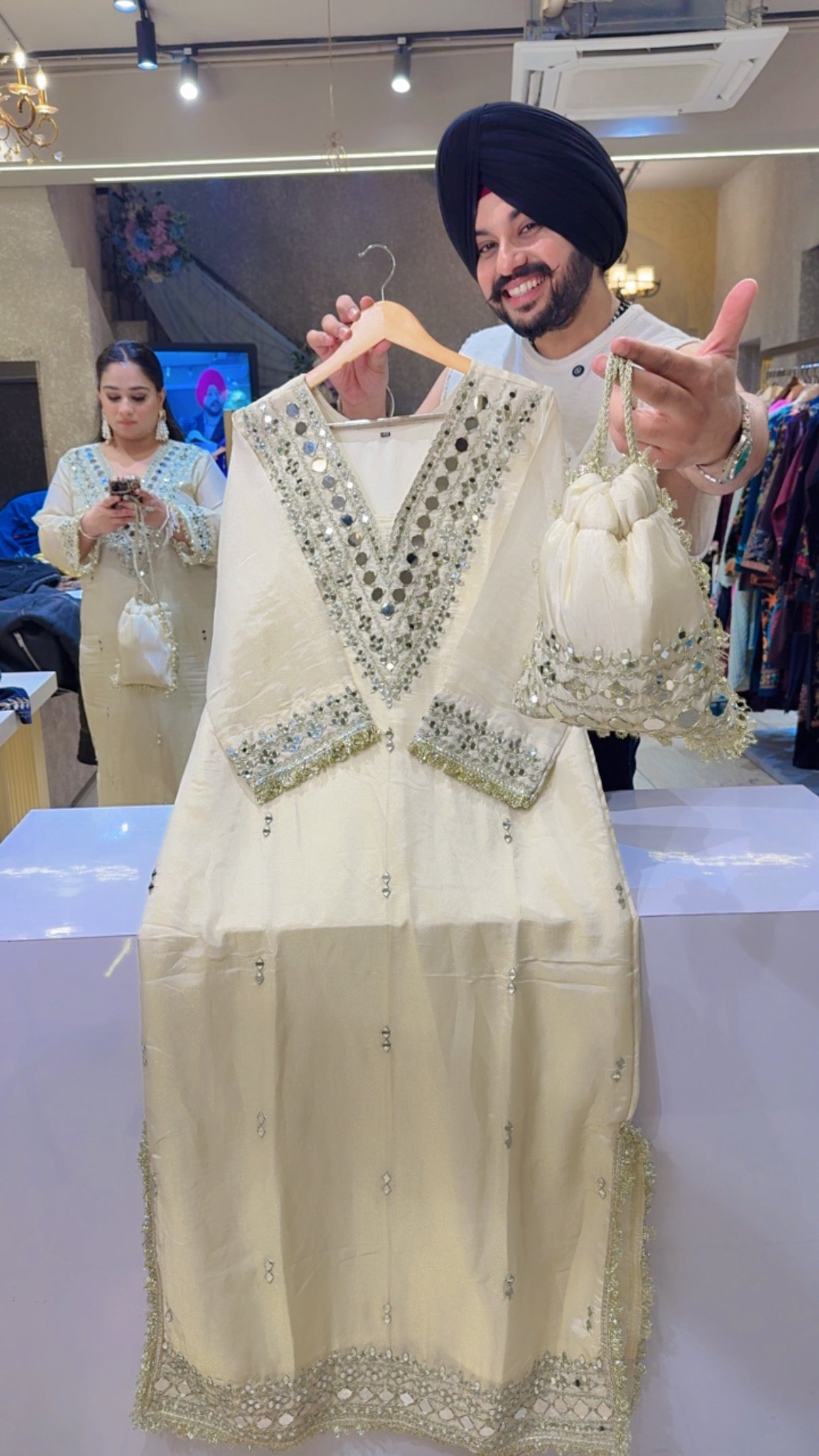 Ivory Colour Shimmer Silk Heavy Mirror & Gotta work Straight Long Dress with Cute Mirror work Potli