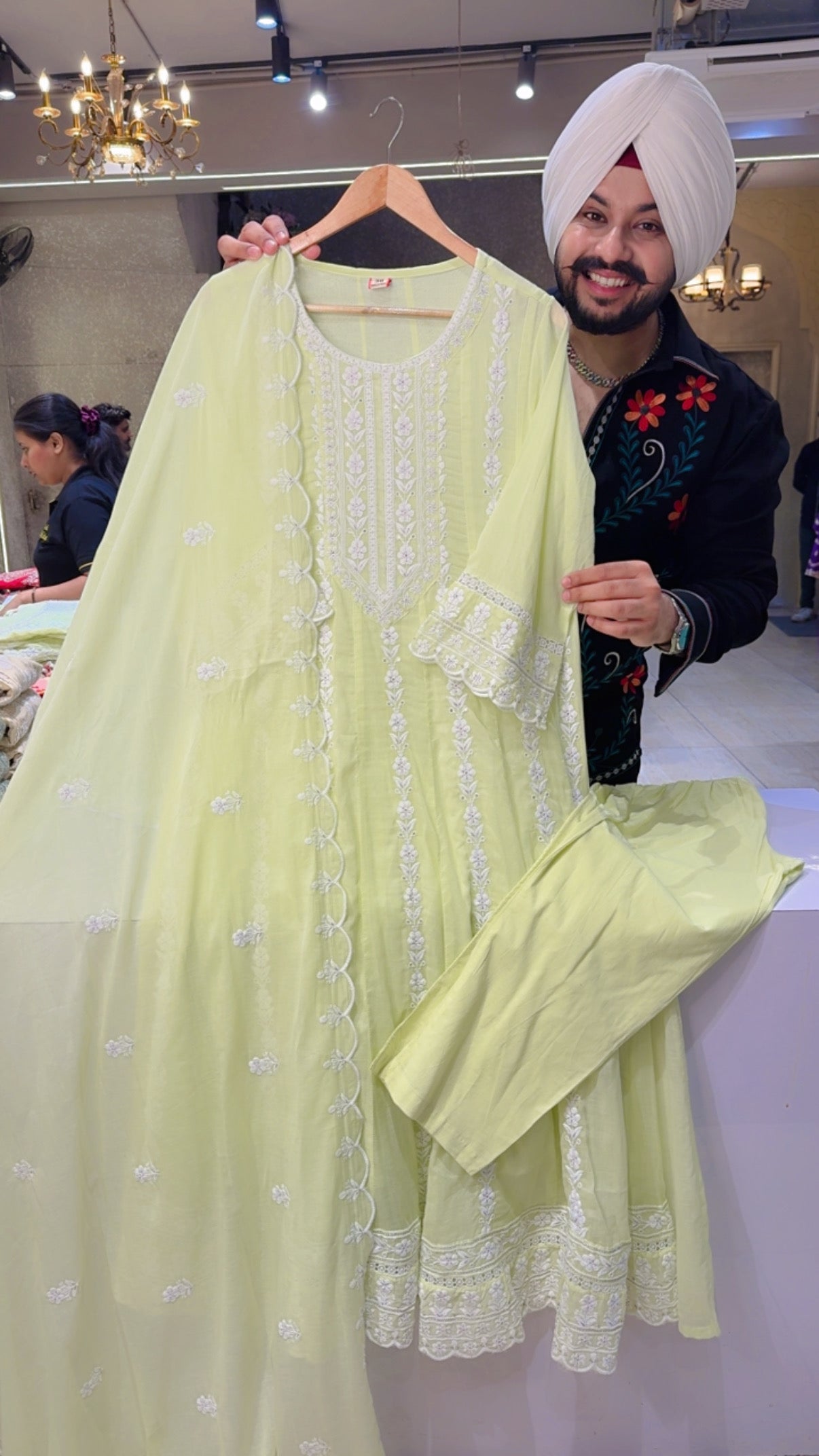Pastel Green Mal Cotton Fully Embroidered Full Flair Anarkali Suit with Beautiful Duppata
