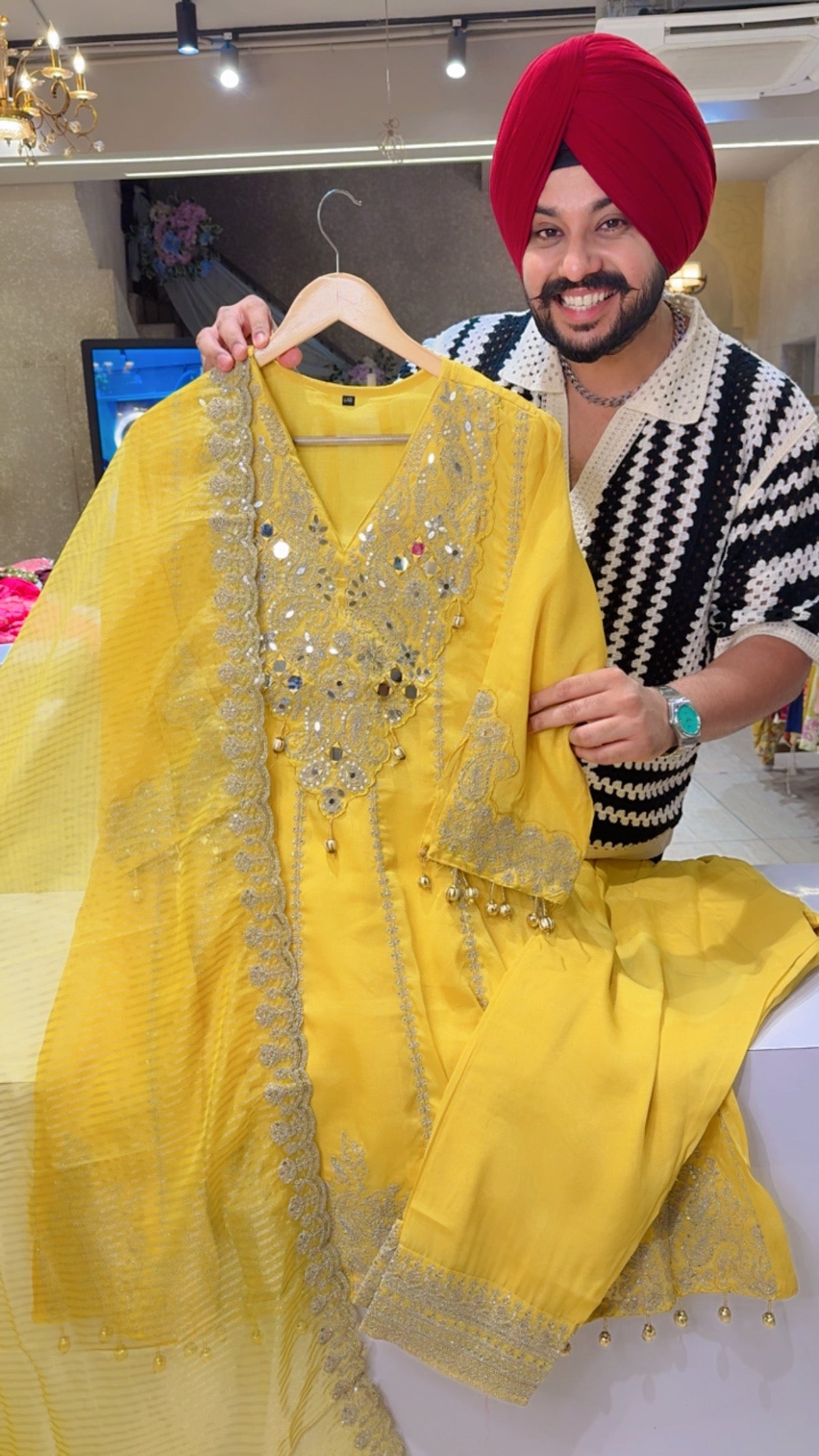 Yellow Shimmer Silk Heavy Embroidered & Mirror Work Paplum Suit with Beautiful Duppata