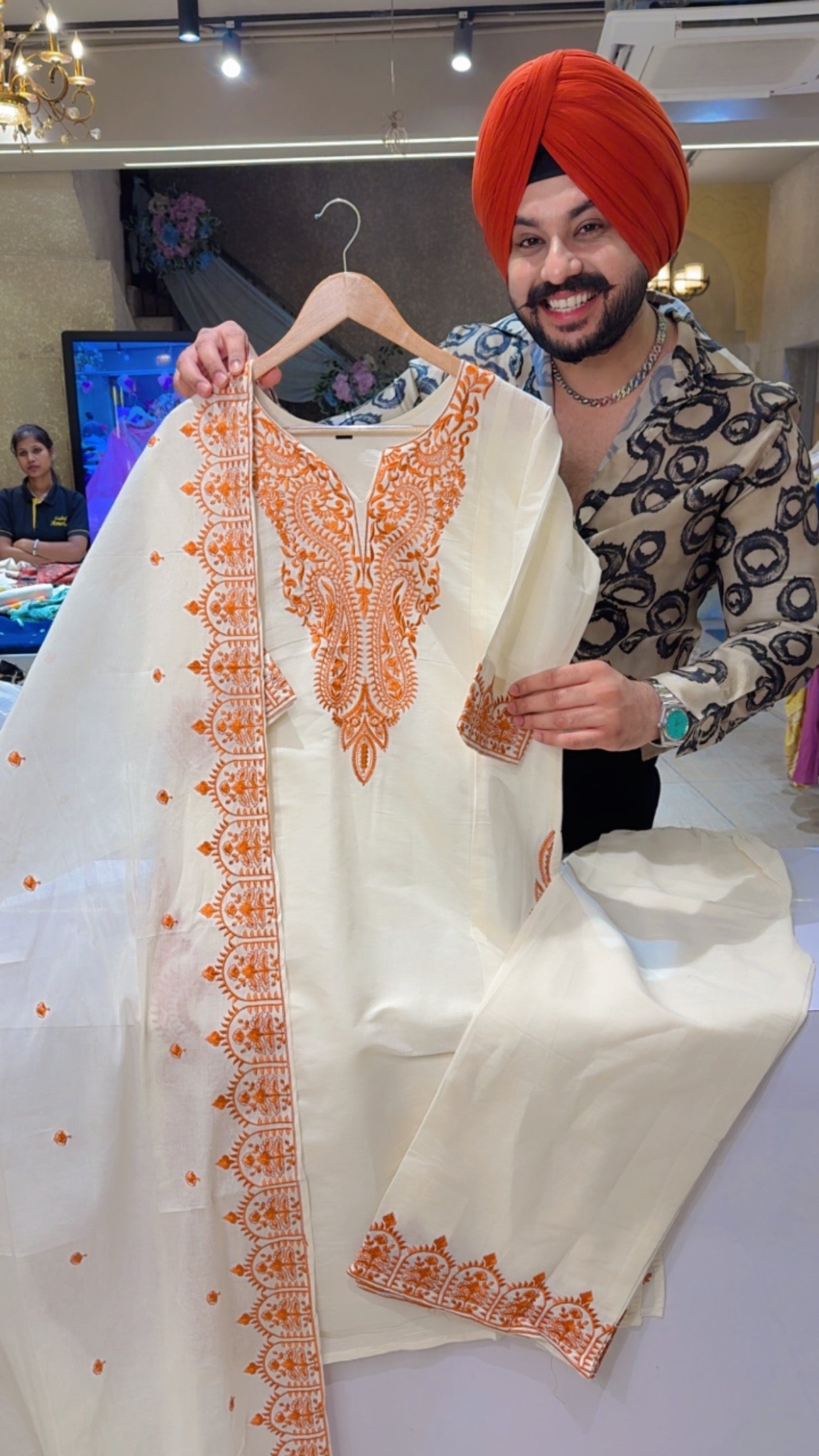 Off white & Rusty Orange Kora Cotton Embroidered Semiformal Royal Suit