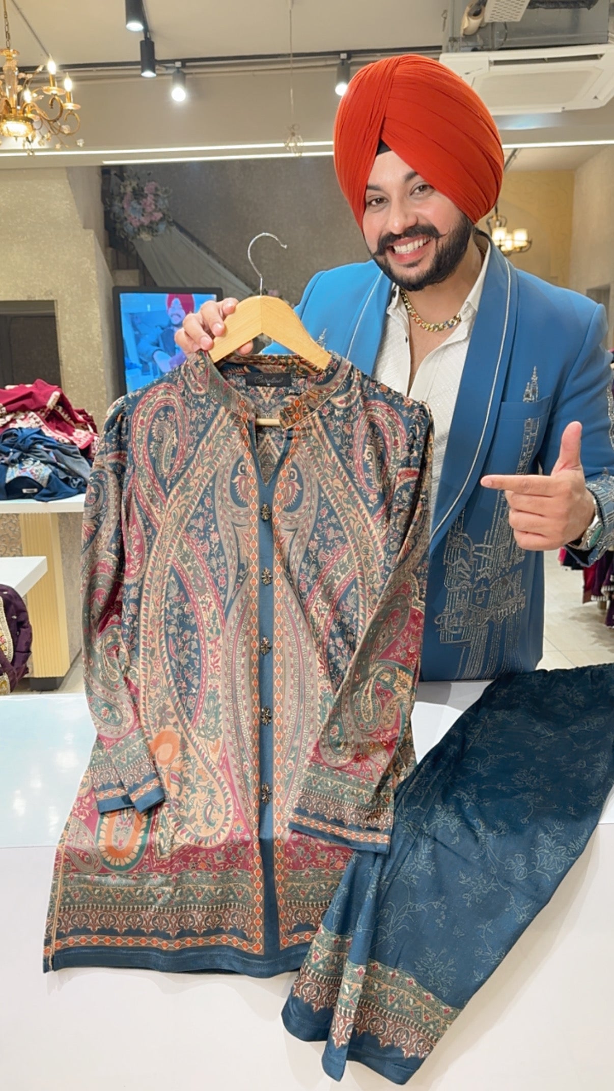 Teel & Multicolored Matt Velvet Digital Print Office Wear Coord set