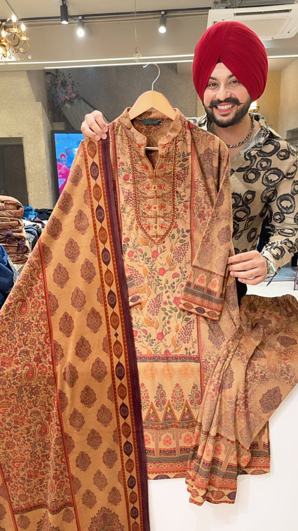 Cream & Black Crepe English Floral Print Party Wear Straight Suit with Hand embroidery Work on neck