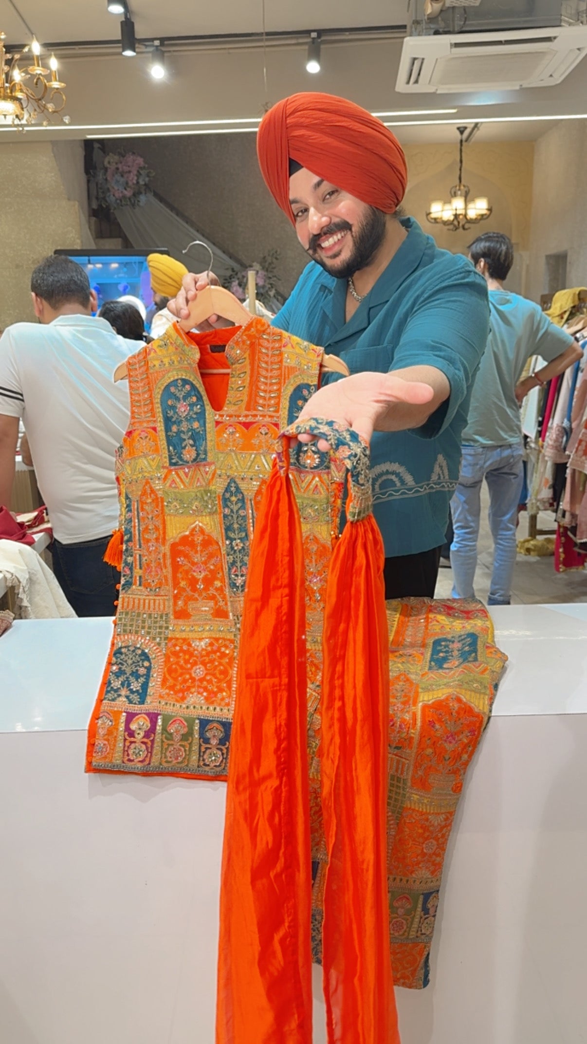 Orange Fully Front & Back Embroidered Broad High Slit Party Wear Bell Bottom Indo western Suit with Chokar Duppata