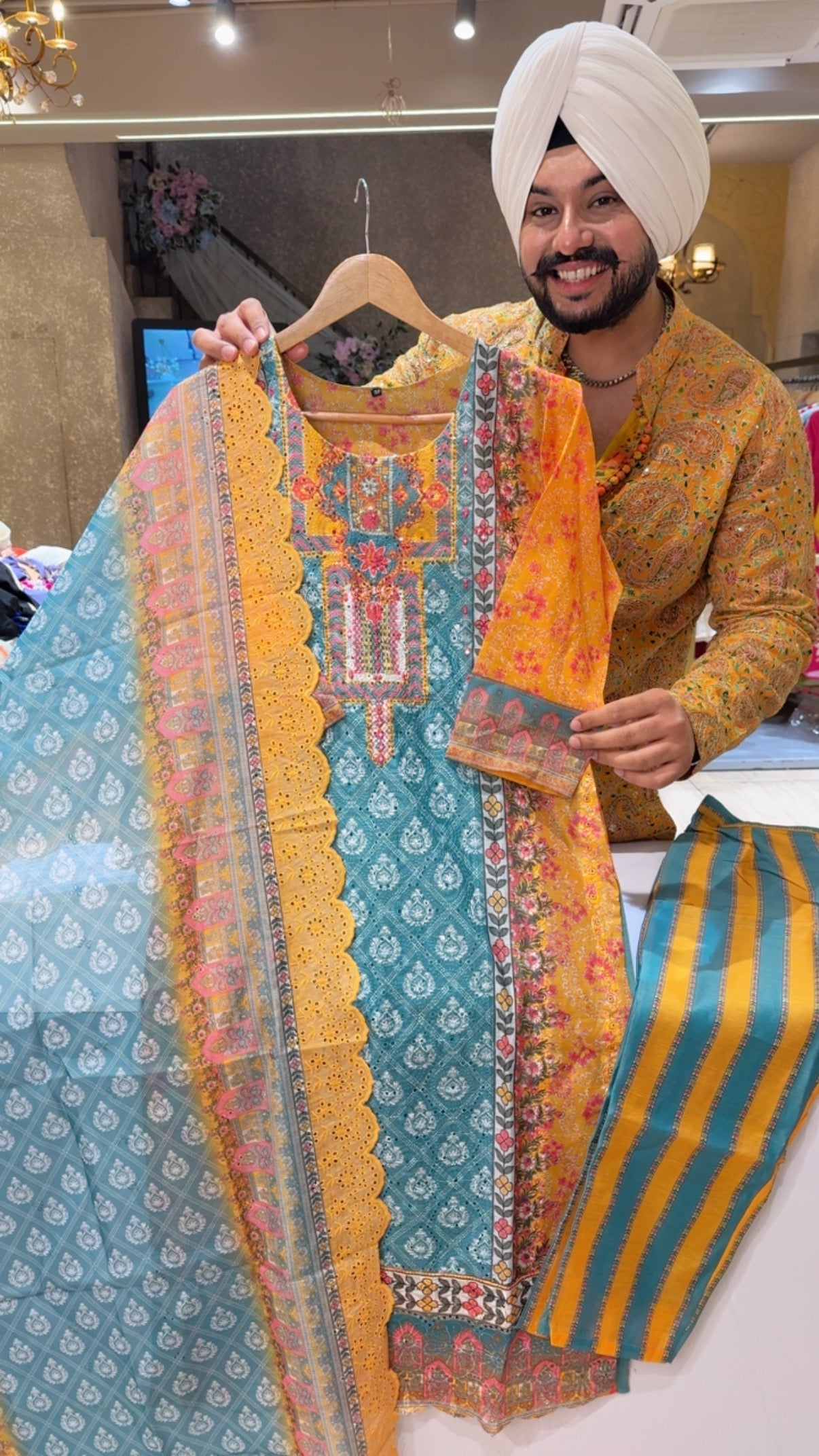Rama & Mustard Soft Chanderi Chicken Work Semi Formal Suits