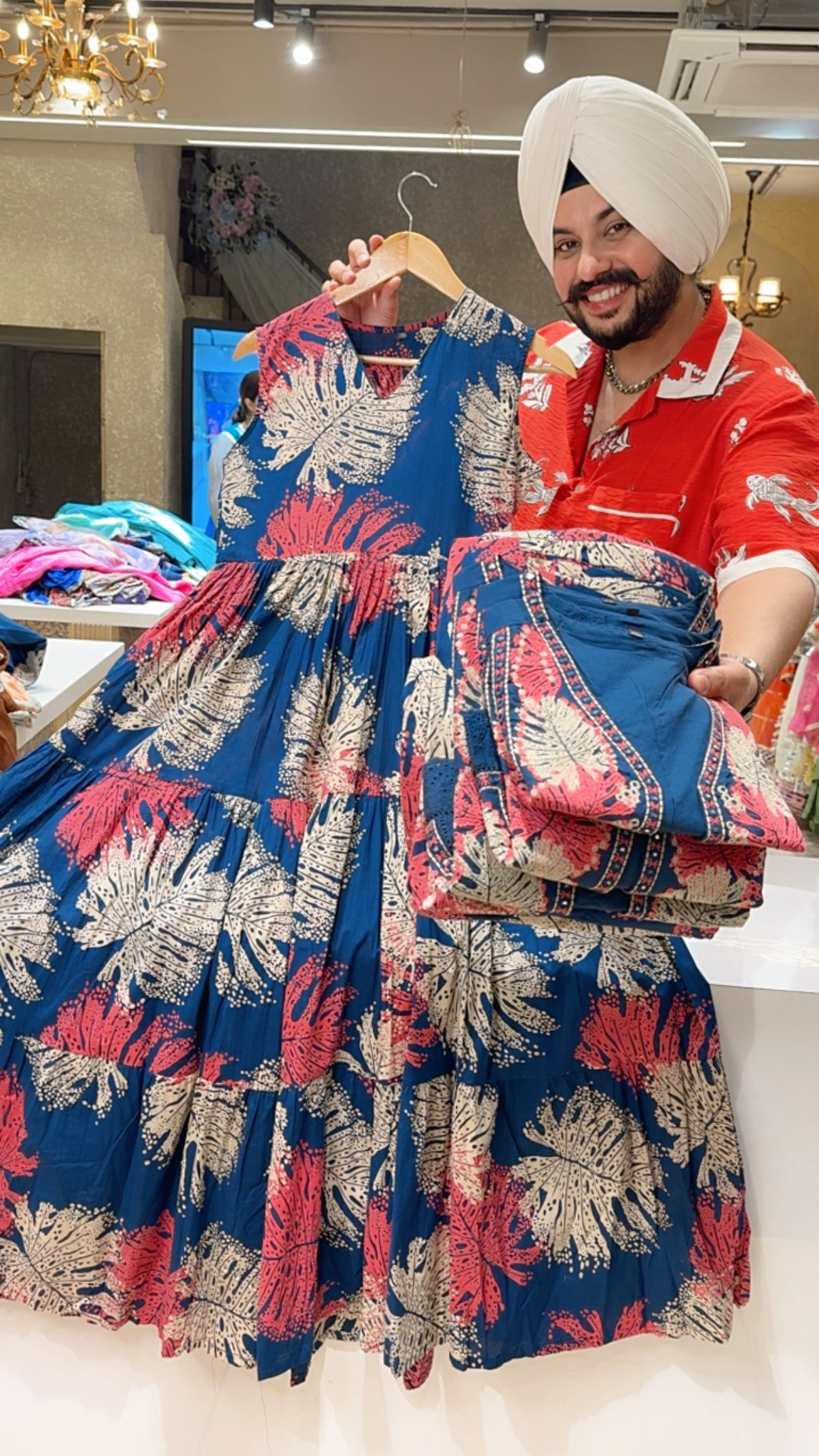 Dark Blue Pure Cotton Floral Print Full Flair Indowestern Dress with stylish Embroidered Short jacket