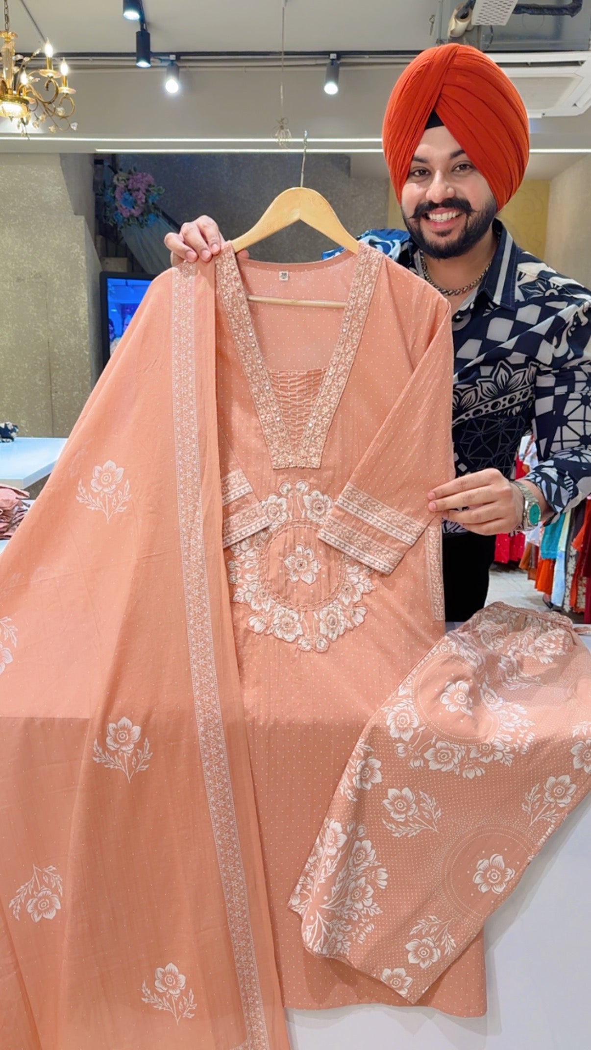 Nude Colour Greyish Blue Soft Cotton Semiformal Straight Suit With Beautiful Embroidery work on Designer neck