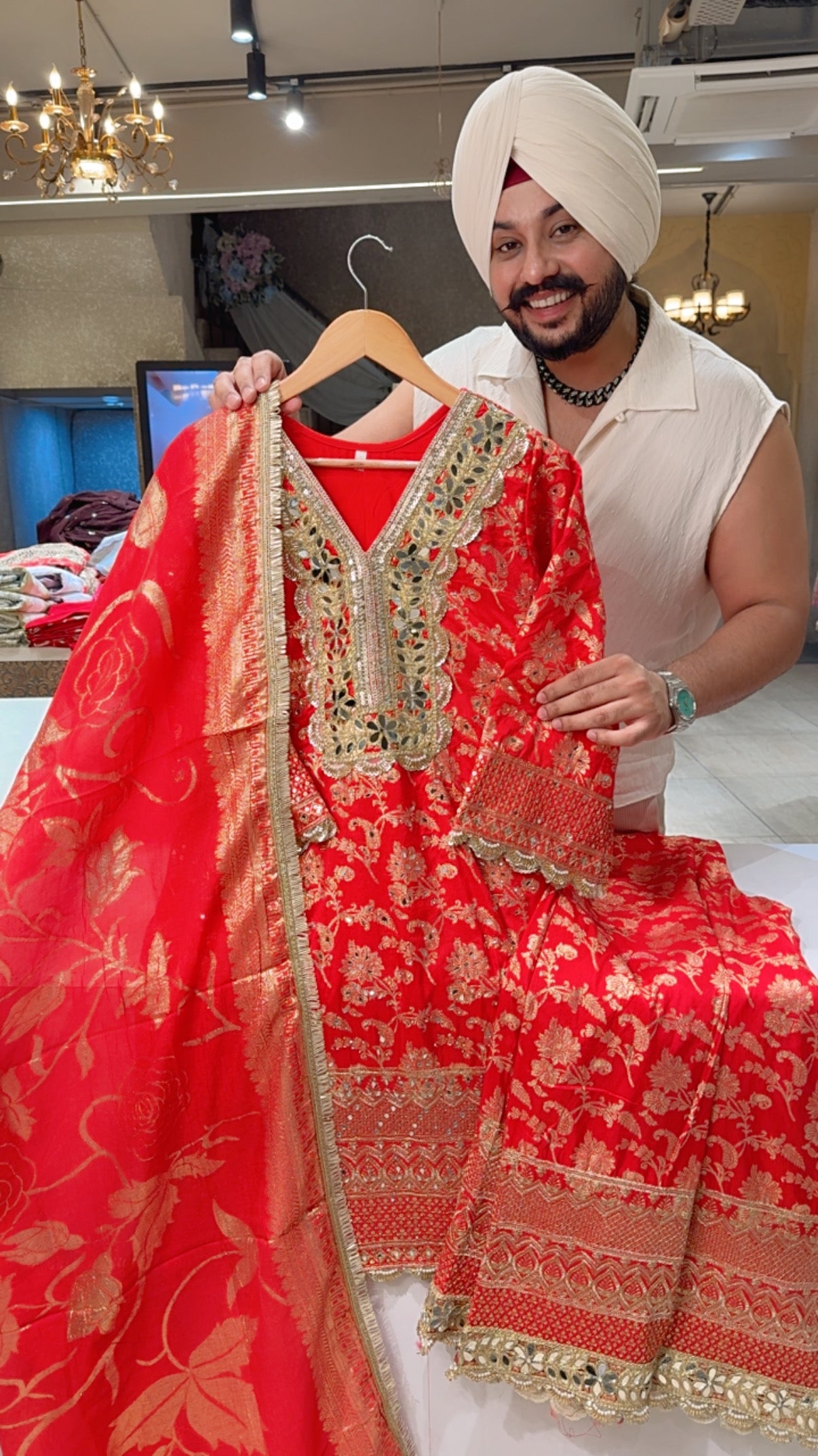 Red Brocade Silk Heavy Hand embroidered & Mirror pasting Bell Bottom Sahara suit with Beautiful Duppata