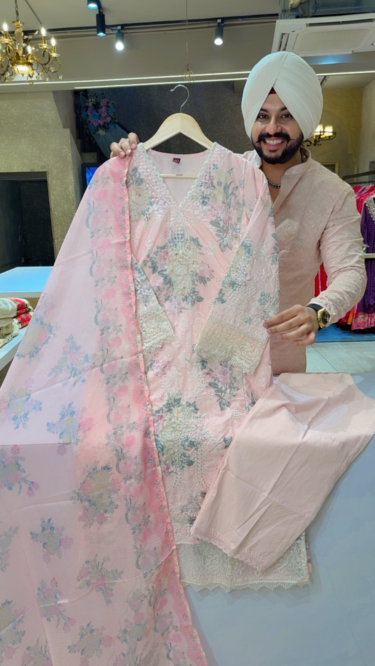 Pastel Pink Pure Cotton Heavy embroidered Kashmiri Suit with Beautiful Kota Doria Duppata