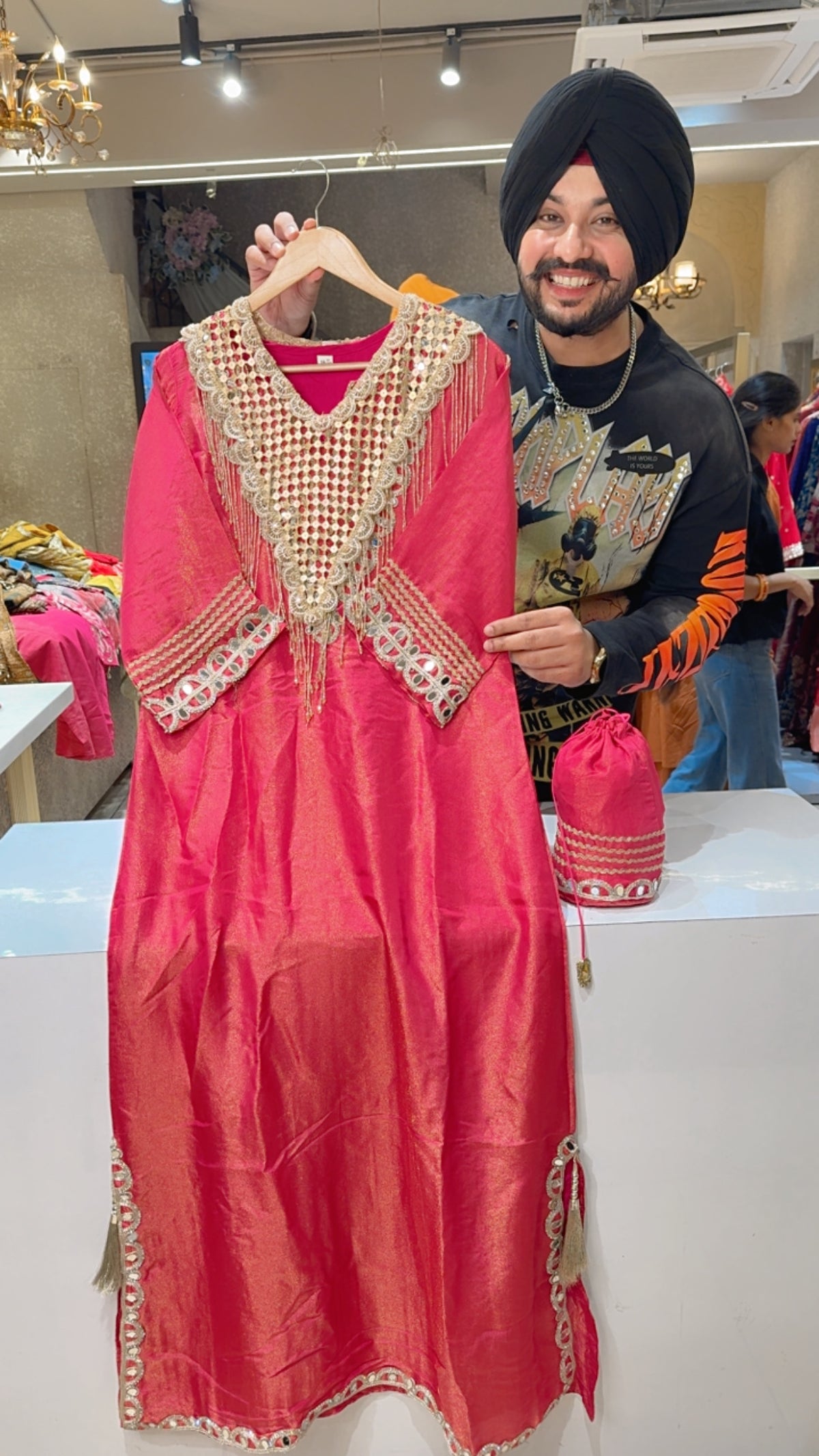 Hot Pink indo Shimmer Silk Designer Phiran Dress with Heavy Arabian Neck Piece & Potli