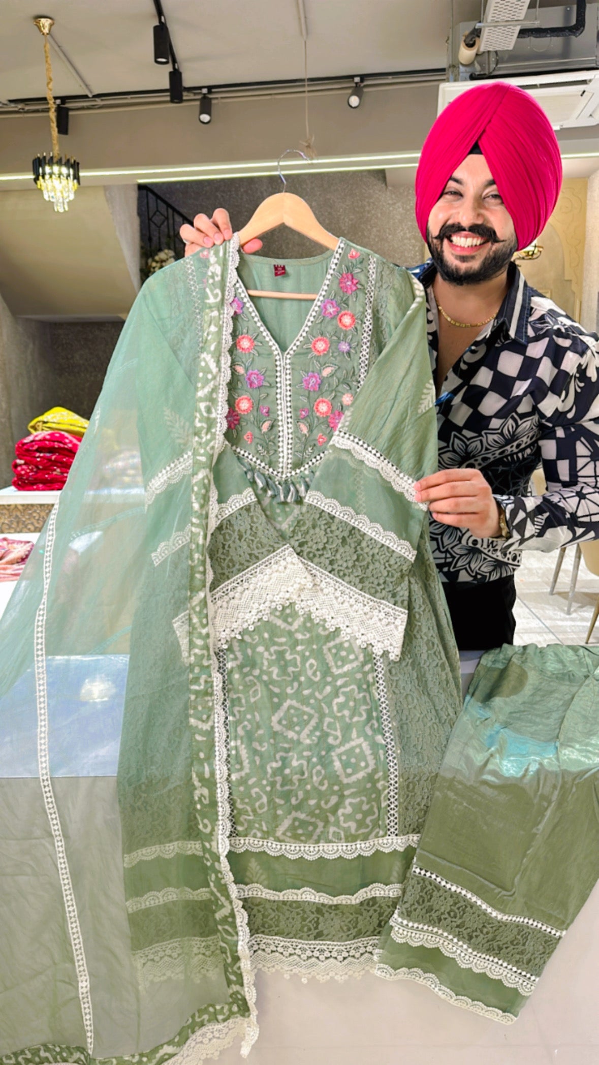 Sea green Muslin silk Pakistani Straight Suit with Organza Duppata