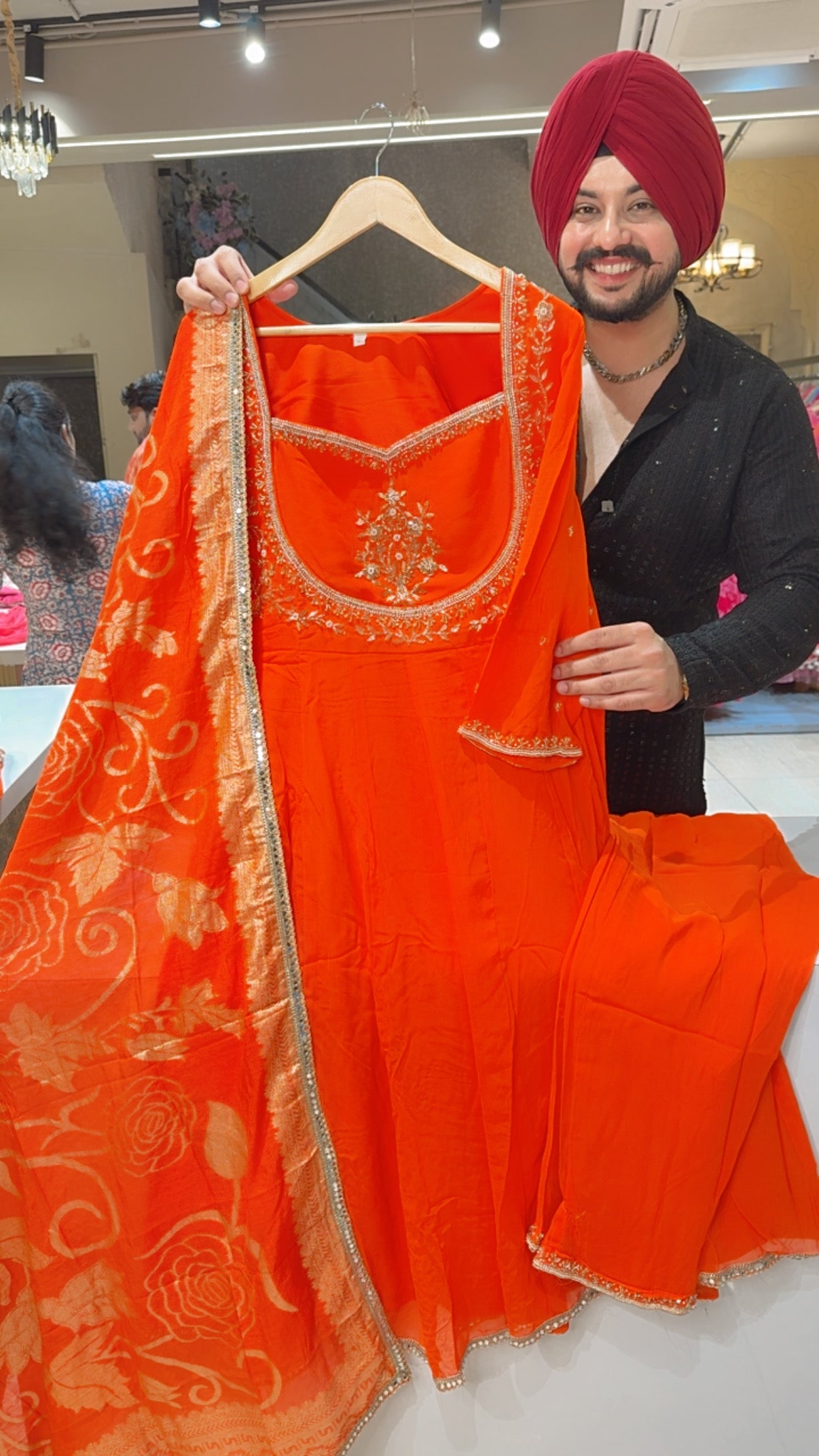 Vibrant Orange Heavy Hand embroidered Party wear Anarkali Suit with Banarasi Look Duppata