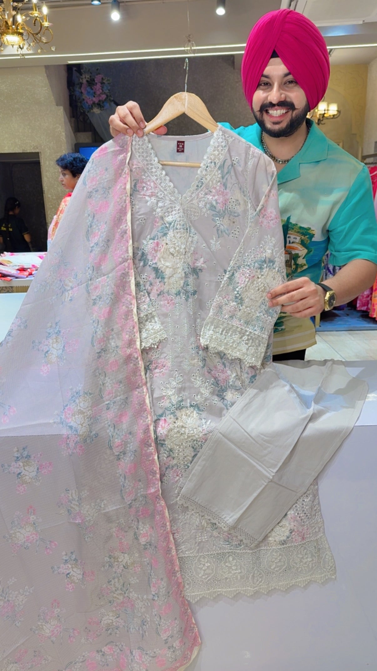 English Grey Pure Cotton Heavy embroidered Kashmiri Suit with Beautiful Kota Doria Duppata