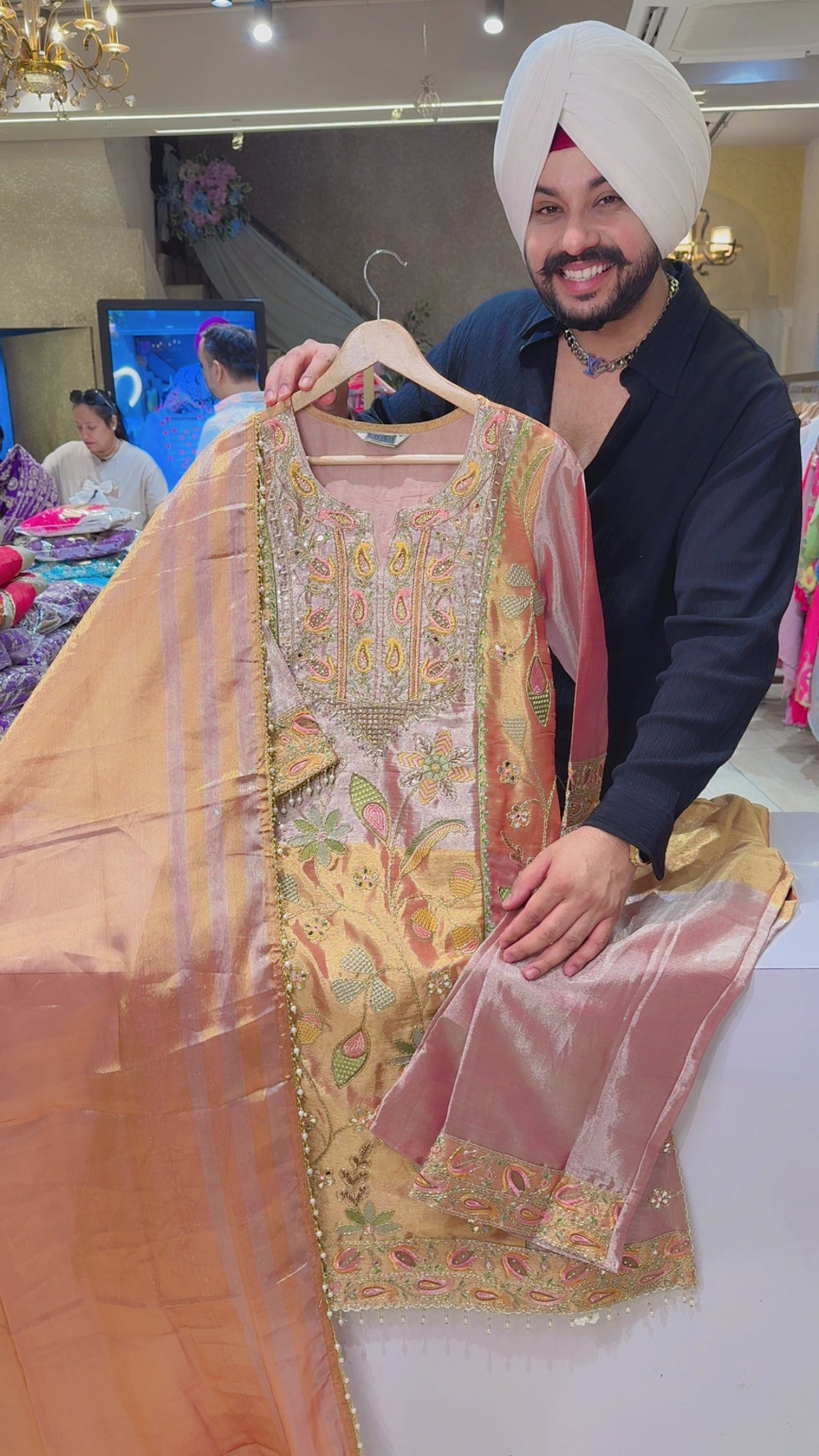Onion Pink & Rust Shimmer Silk Fully Hand embroidered A-line Sideslit Suit