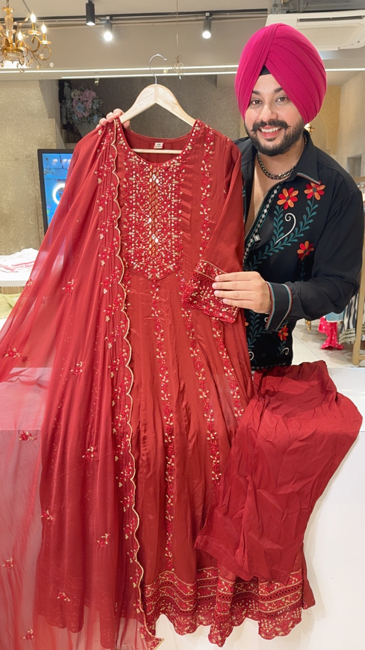 Rusty Maroon Chinon Fully Mirror & Embroidery Work karwachauth Anarkali suit