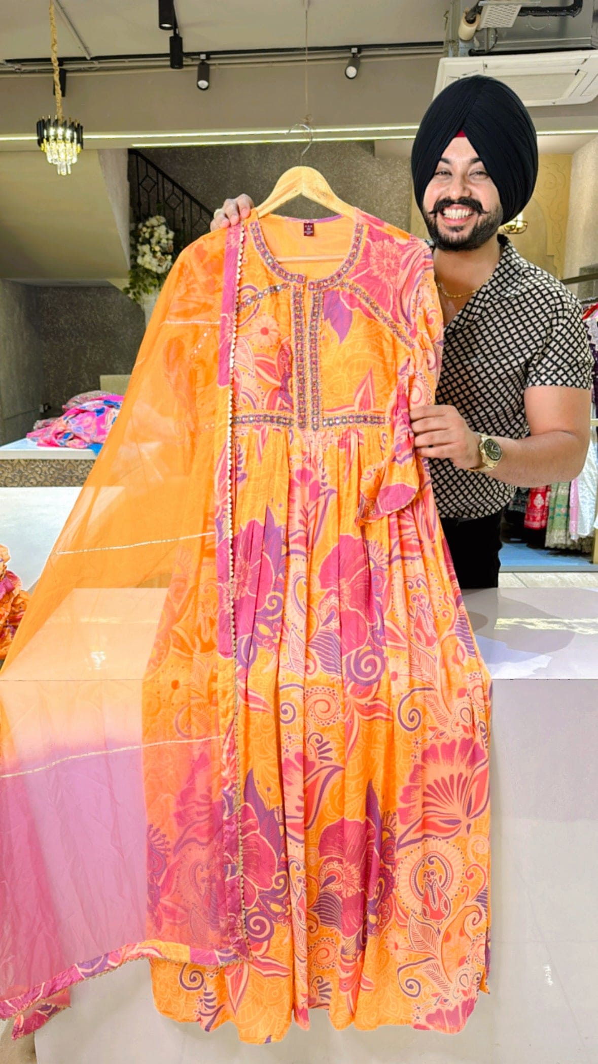 Orange yellow Chinon Hand embroidered Padded Anarkali Gown with beautiful organza Duppata