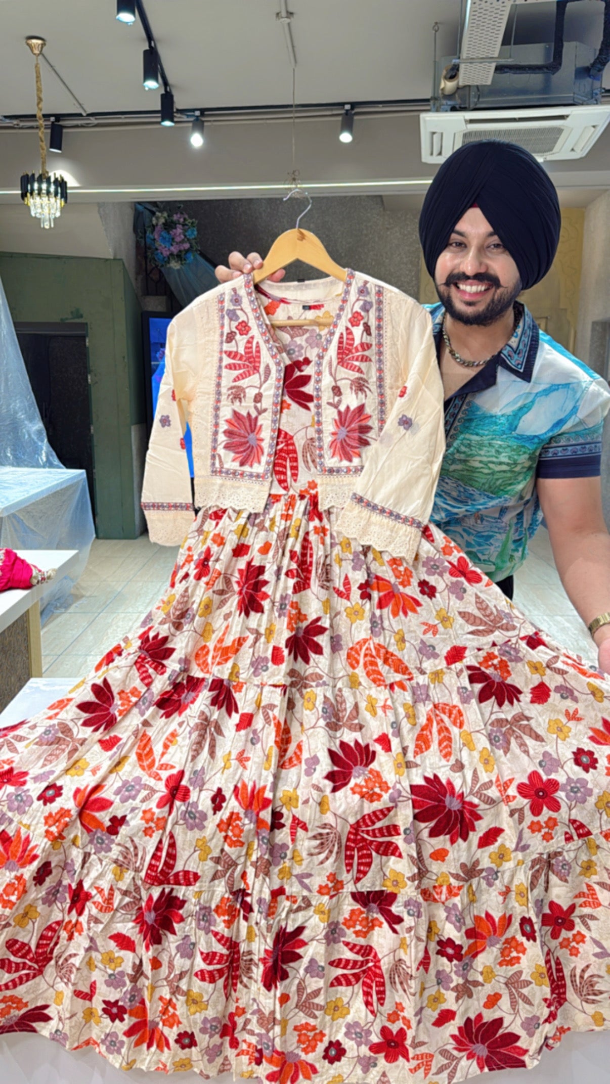 Moon White & Multicolored Pure Cotton Indo Western Dress with embroidered Short Jacket