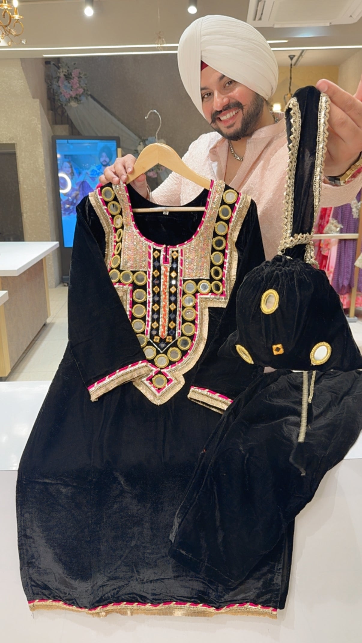 Black Vevet heavy Mirror & Gotta Work Long Length Coord set with Cute Potli