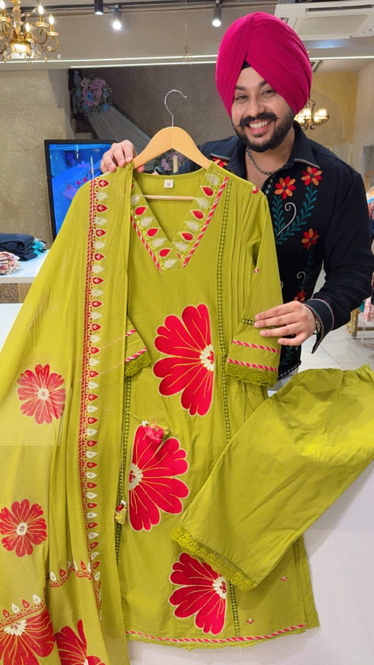 Pure Cotton Floral Embroidered Side knot Semi Formal Suit with Beautiful Hand painted Duppata