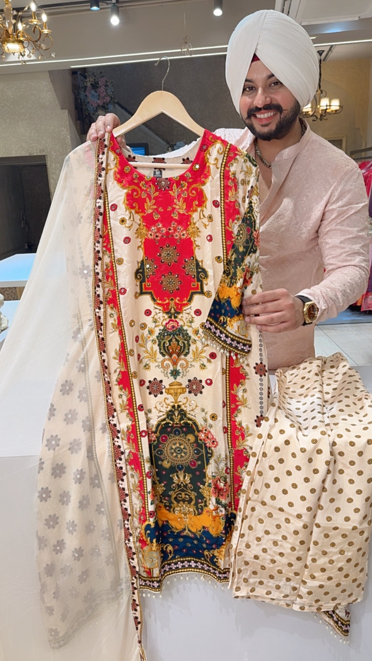 Cream & MultiColored Crepe Party Wear C-Cut Suit with Beautiful Chiffon Duppa