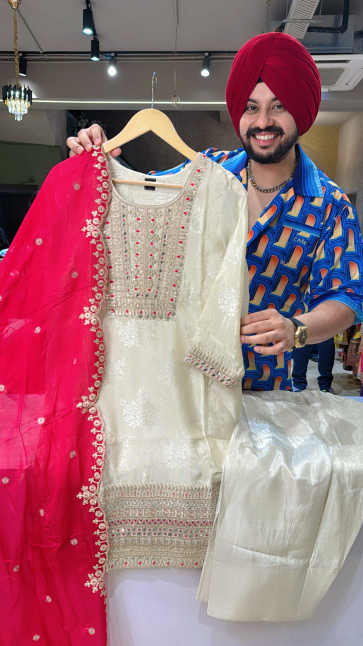 Light beige Shimmer Silk Heavy embroidered Farshi Salwar set with Beautiful organza Duppata
