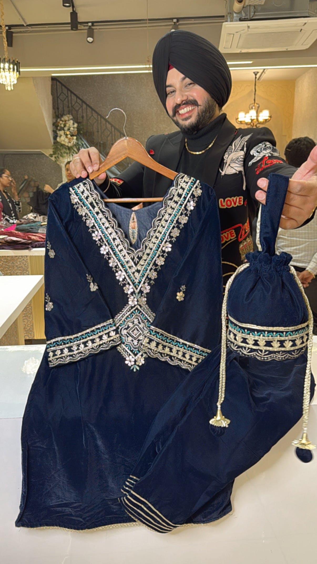 Navy Blue Heavy Velvet Pakistani Coord set with Embroidered Potli