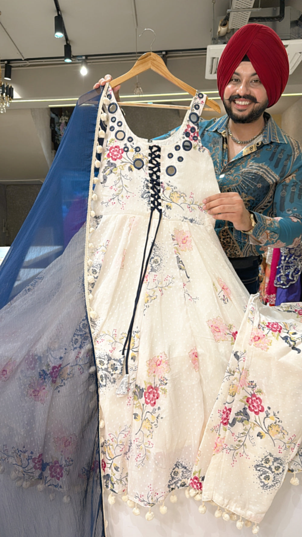Royal Blue Pure Chinon heavy Hand embroidered Backless Anarkali Suit with Beautiful Organza Duppata
