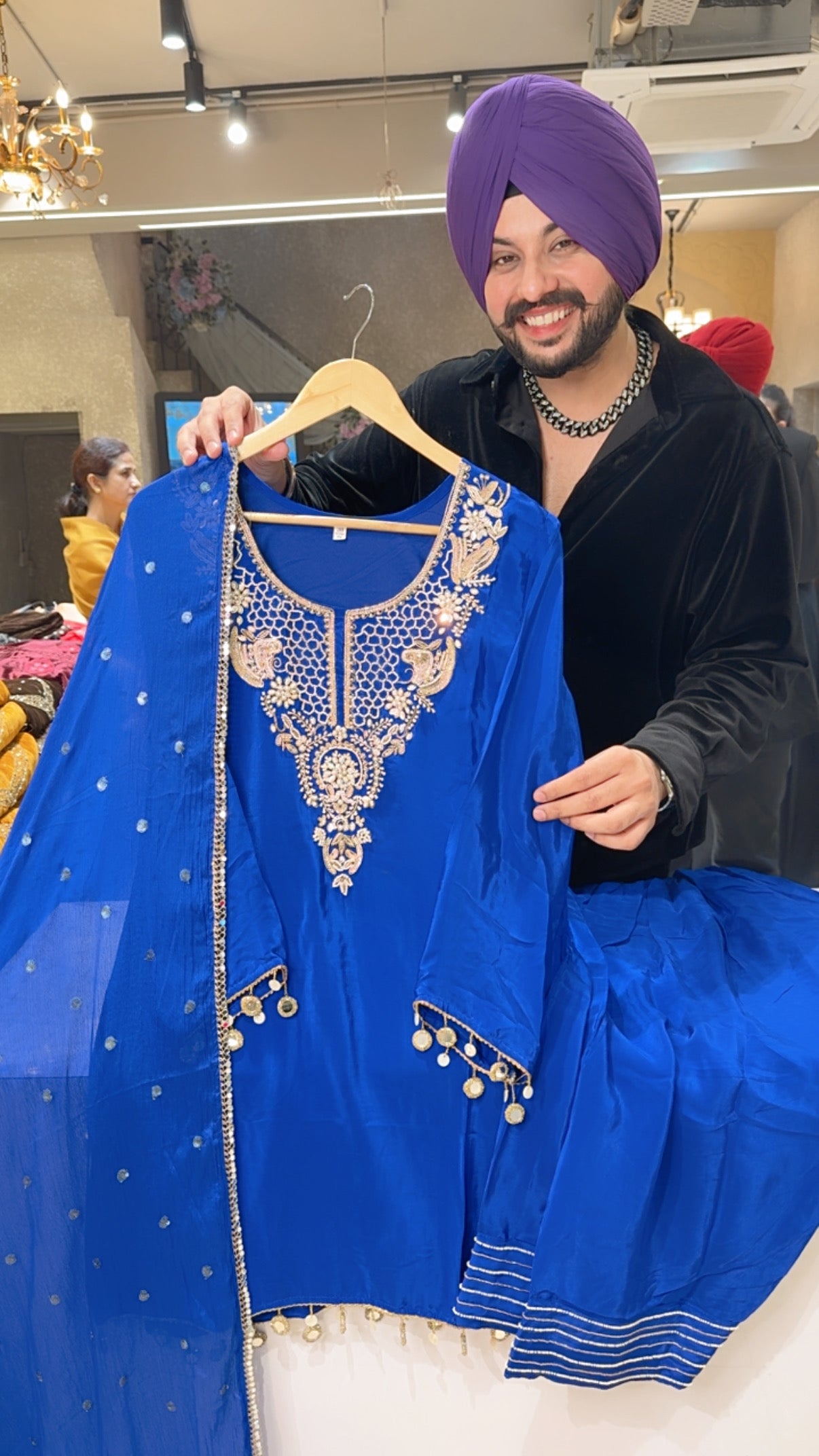 Royal Blue Pearl Hand Embroidered Crepe Farshi Salwar Suit with Beautiful Duppata