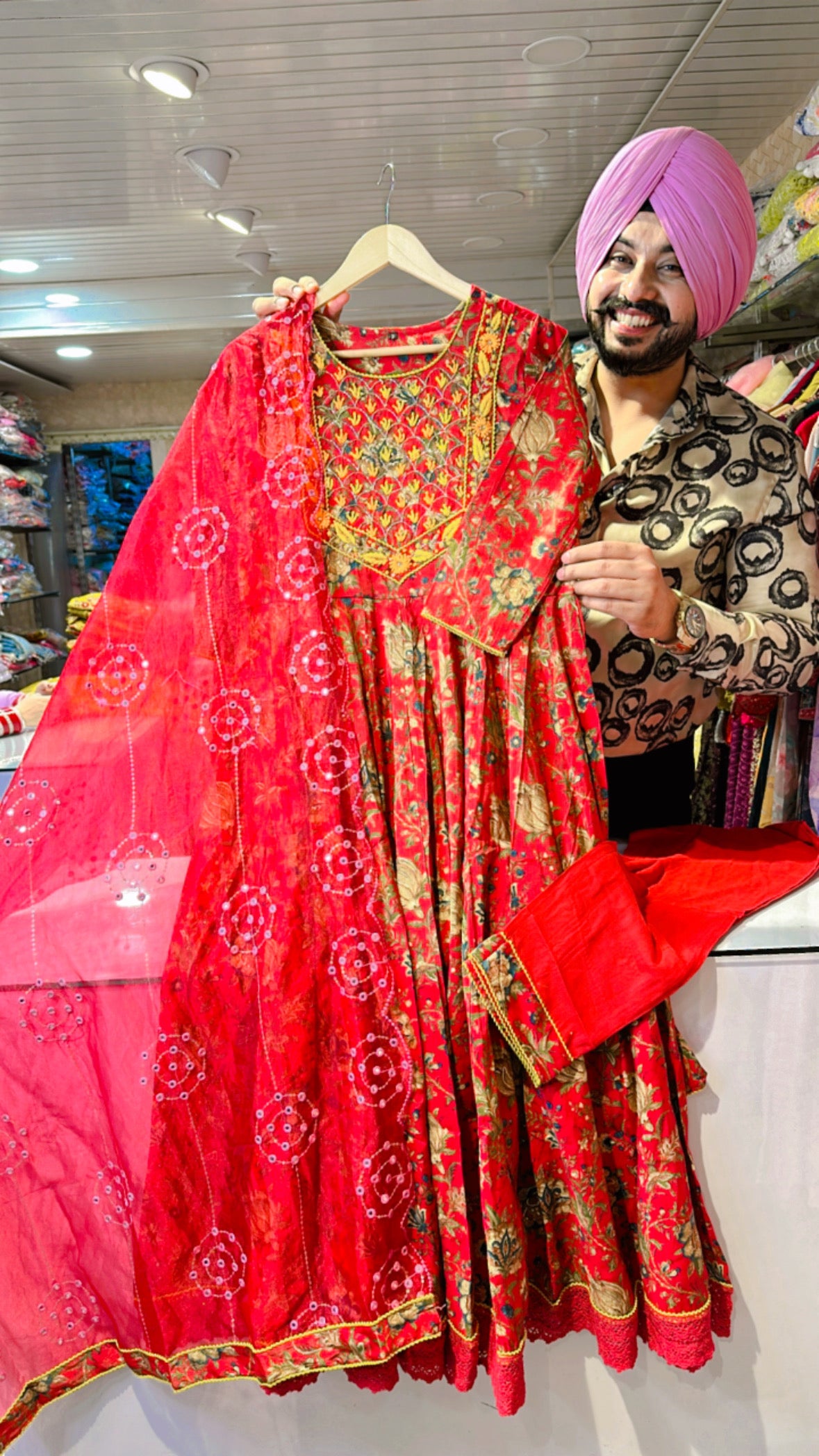 Vibrant Red Muslin Silk Hand Embroidered Anarkali Suit with Beautiful Organza Duppata