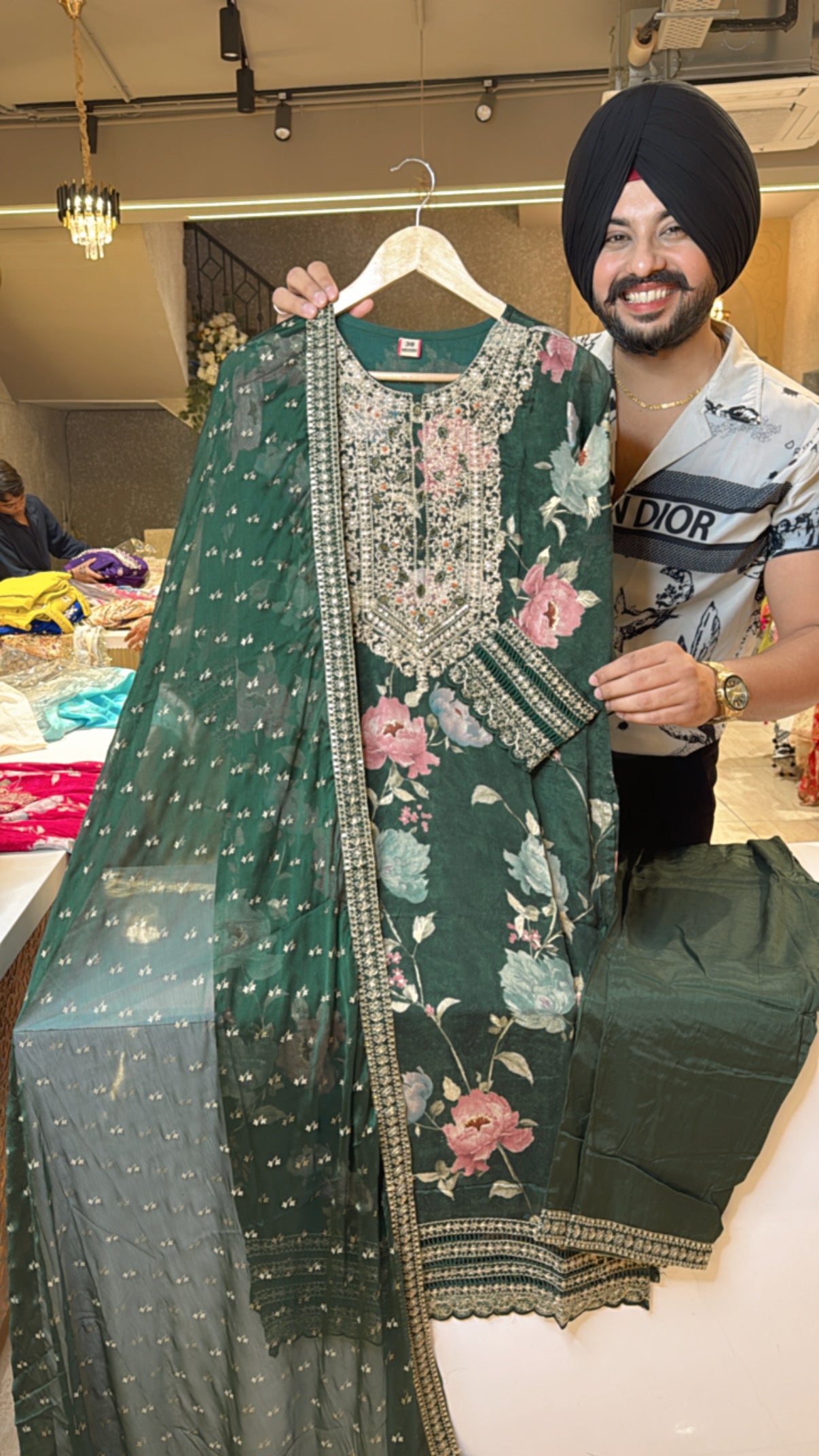 Bottle Green Chinon Digital Floral Print Straight Suits with Beautiful Embroidery work on neck