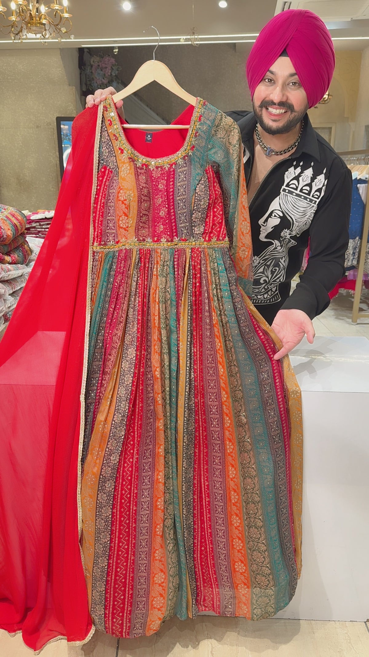 Red & MultiColoured Chinon Padded Hand embroidered Partywear Anarkali Gown Can-Can Attached