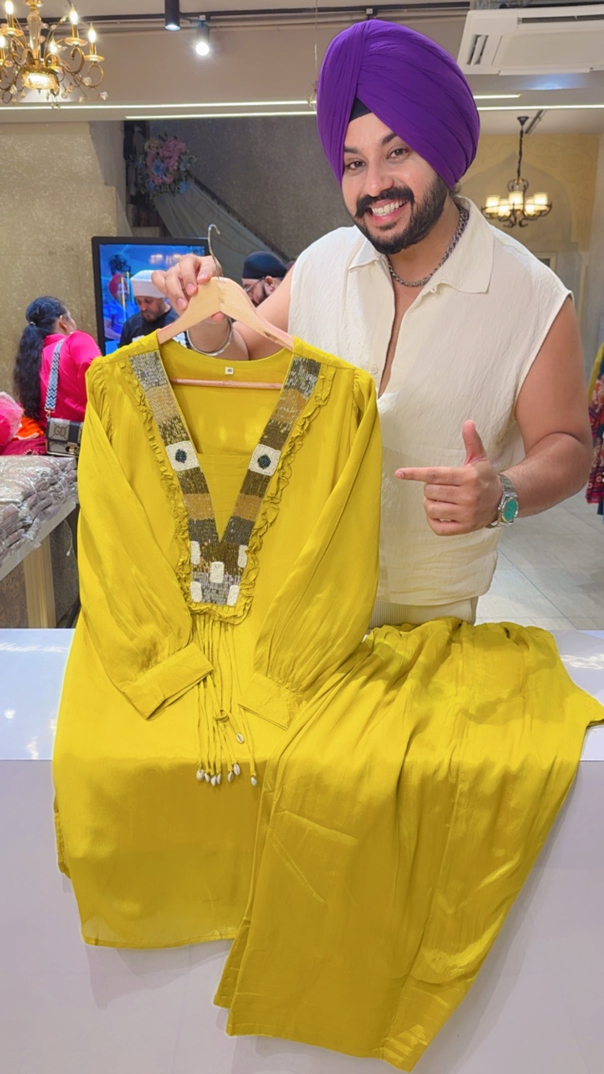 Yellow Chinon Hand Embroidered Farshi Salwar Designer Coord set