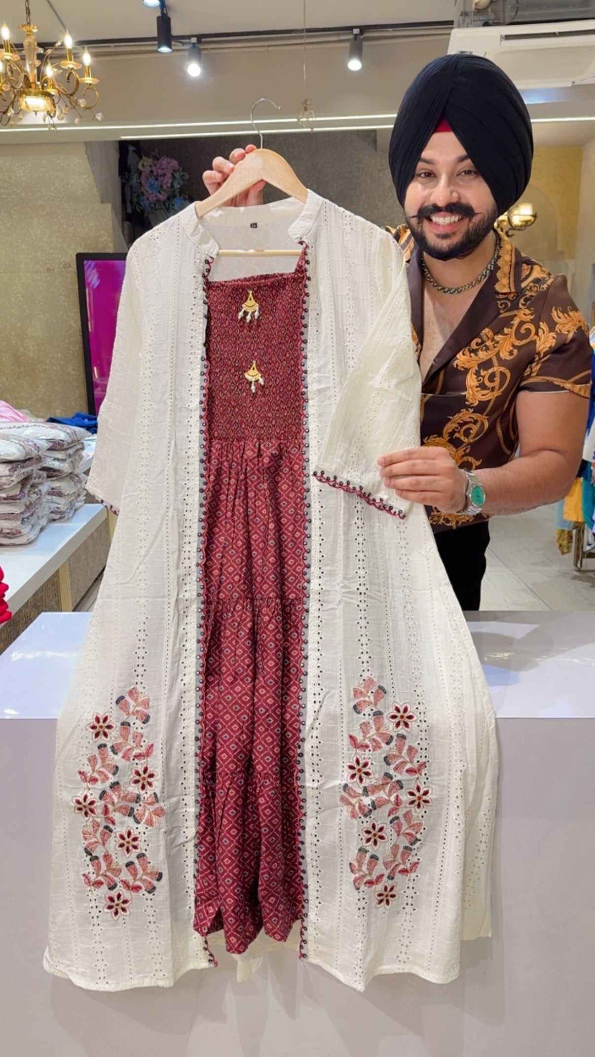 English Brown Chinon Designer Neck Beautiful Hand Embroidered Indowestern suit
