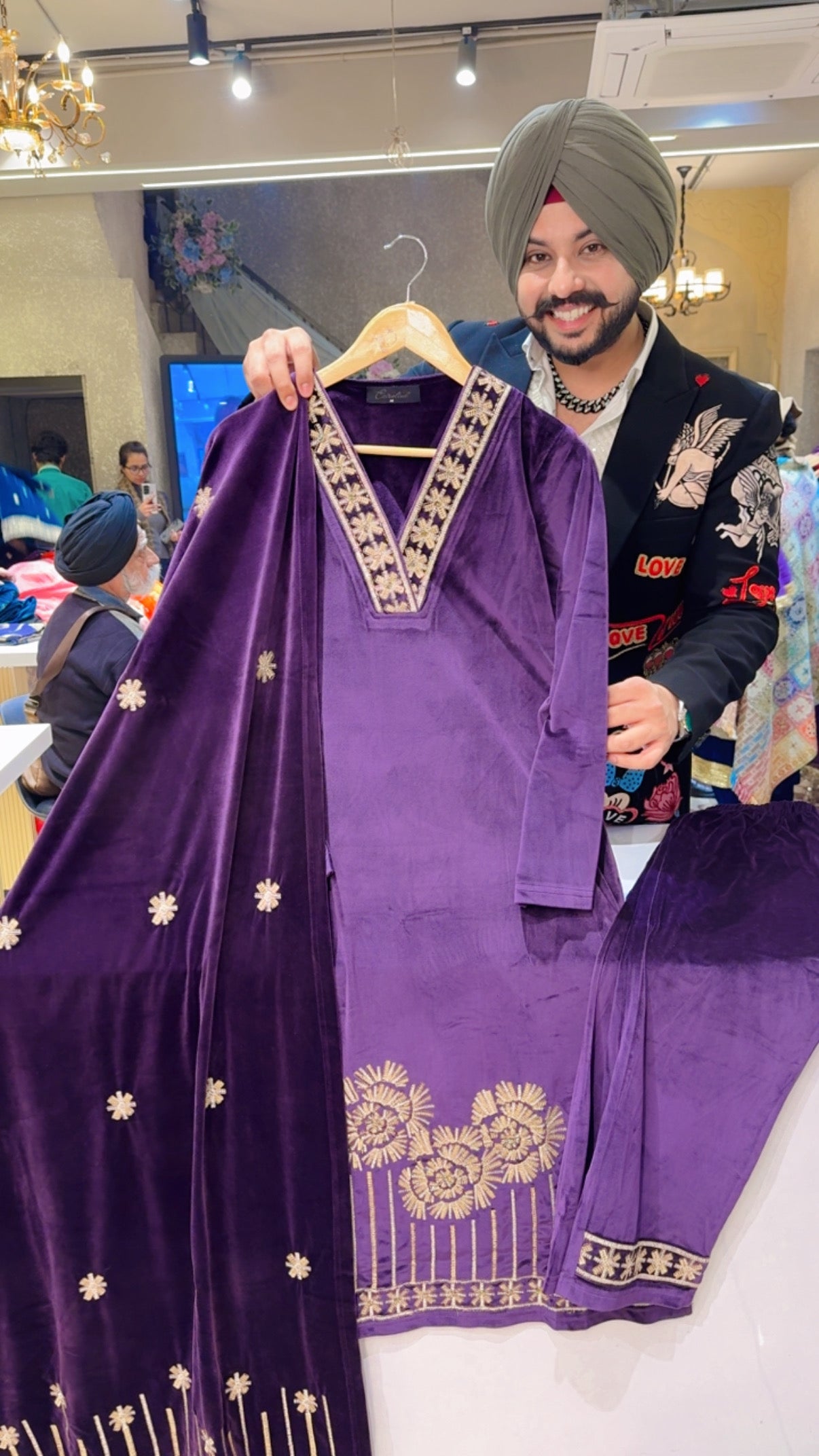 Dark Purple Strechable velvet Party wear Straight Suit with Heavy embroidery Work on border & Duppata