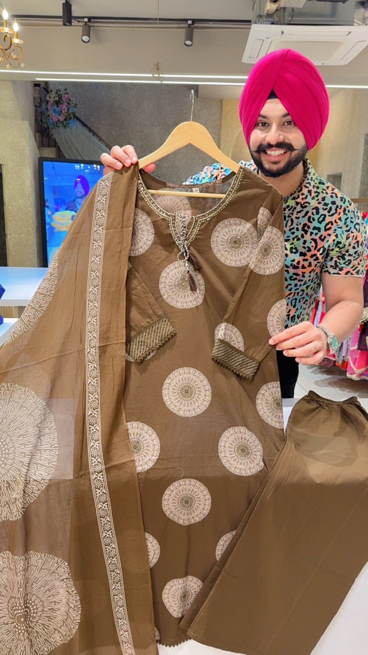 English Brown Pure Cotton Office Wear Straight suit with sleek embroidery work on neck