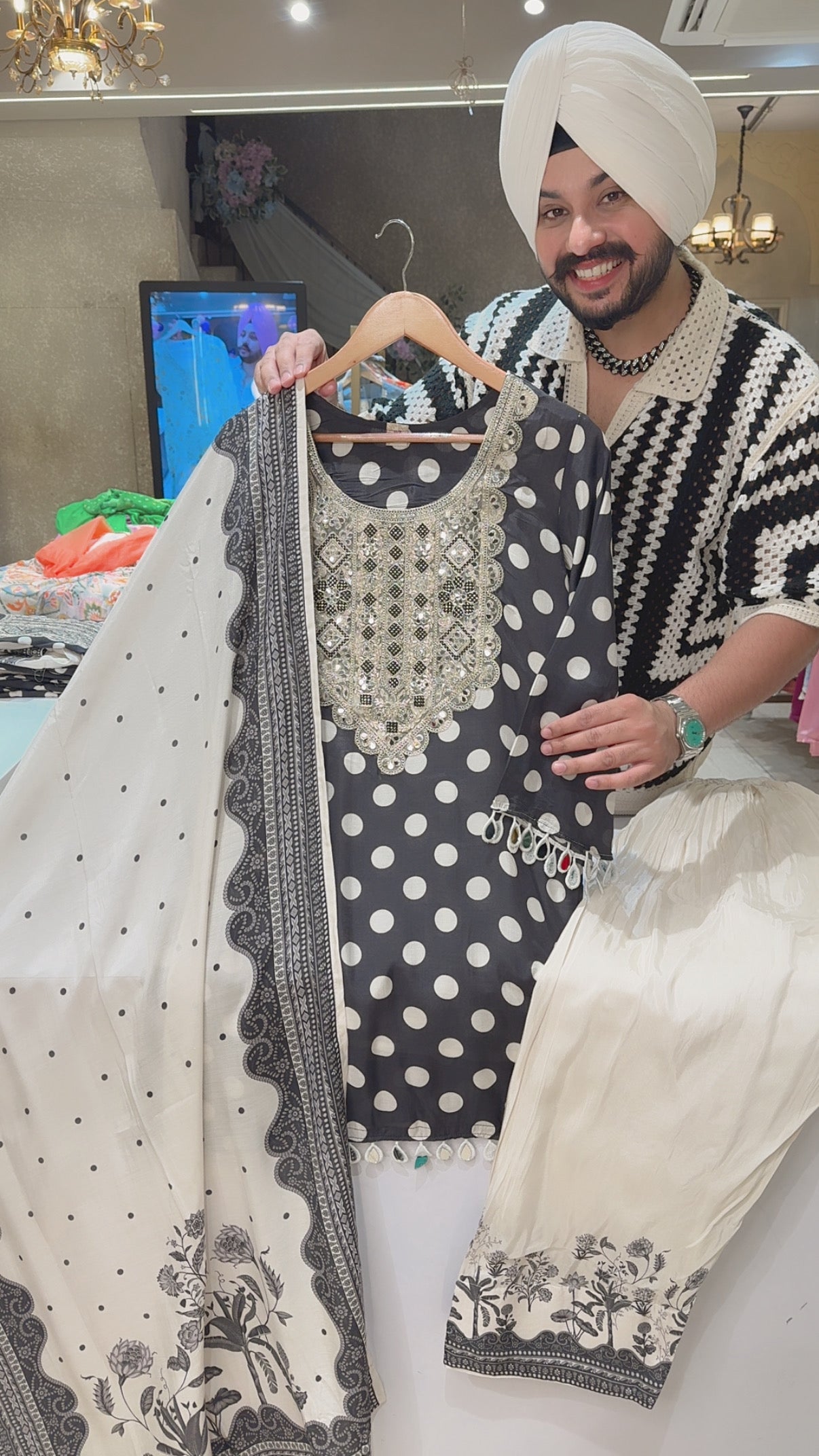 Charcoal black Muslin Silk Polka print designer Farshi Set with Heavy Mirror work on it