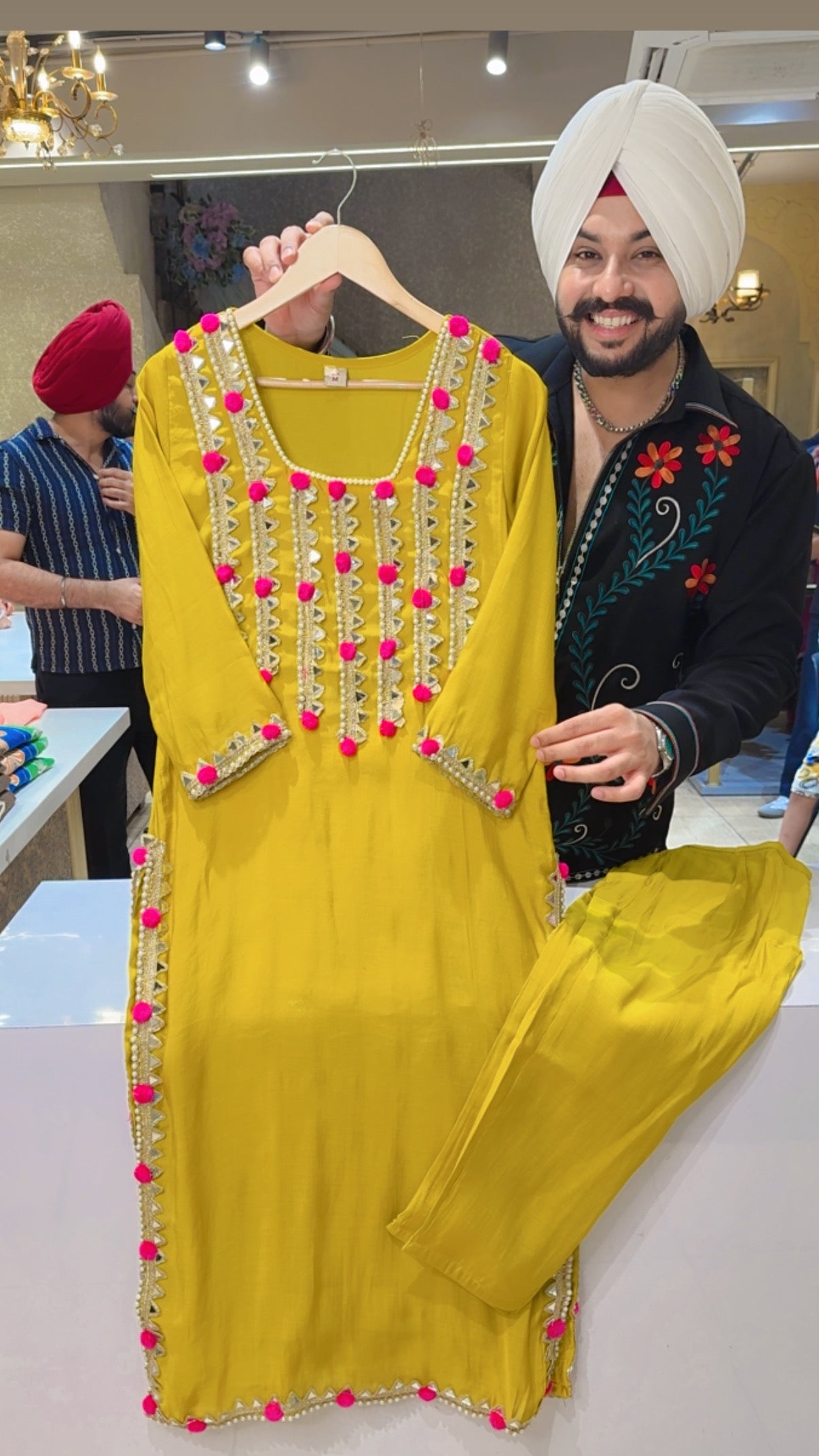 Yellow Mal Chanderi Heavy Pearl ,Mirror & Pom Pom Long Length Party wear Coord set