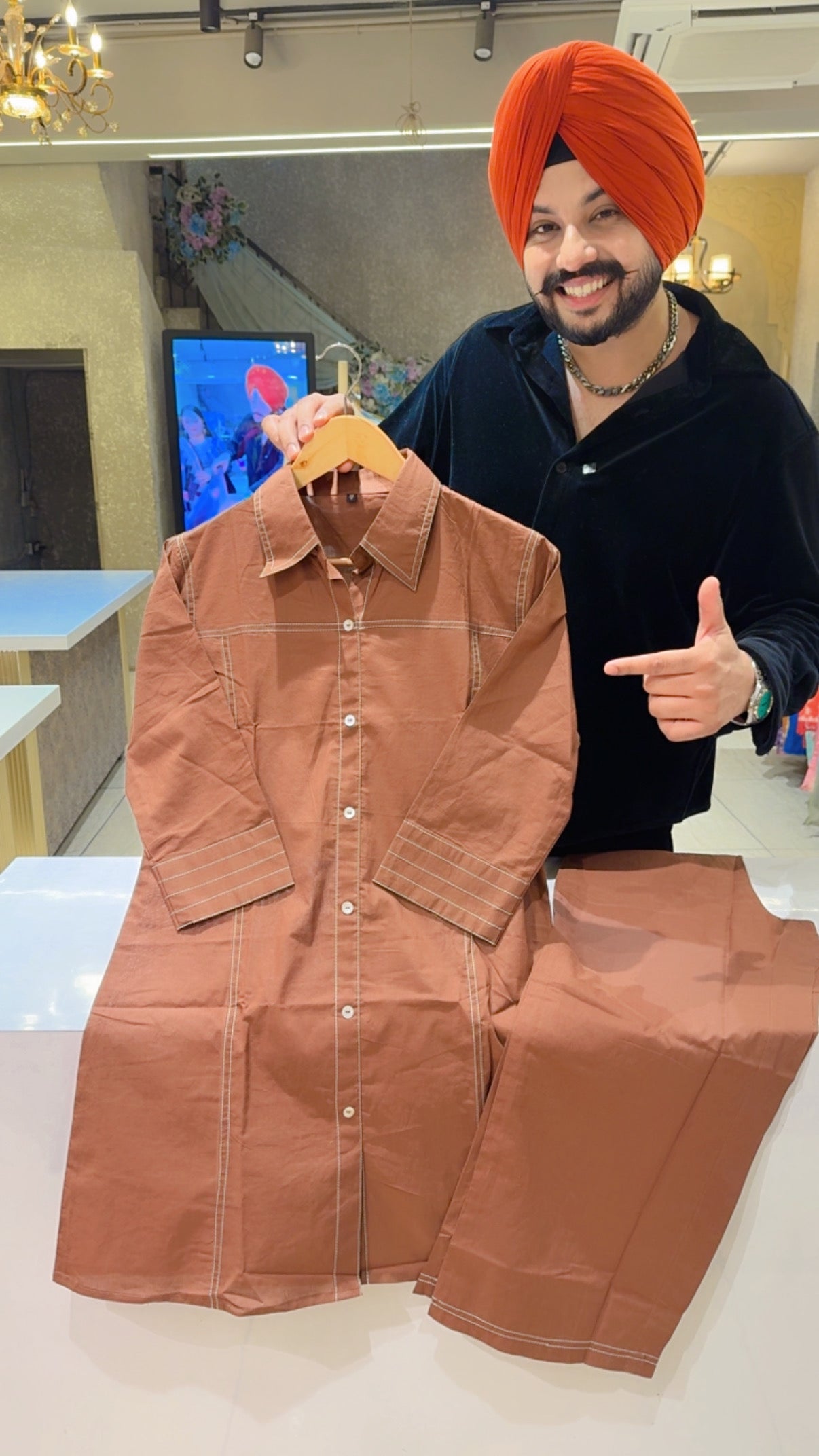 English Brown pure Cotton Collar Neck Office Wear Coord set