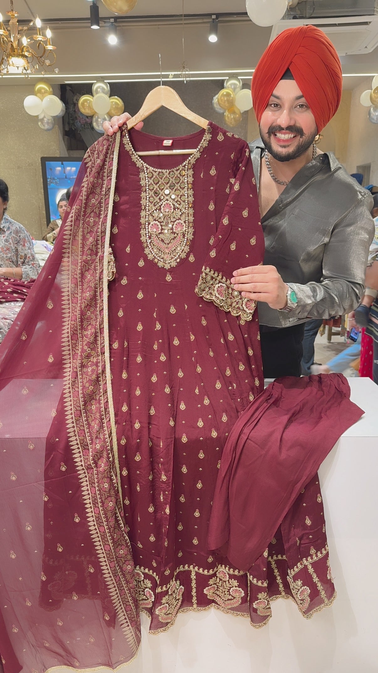 Maroon Chinon Block Printed Party Wear Anarkali Suit with Beautiful Embroidery & Mirror Work on Neck