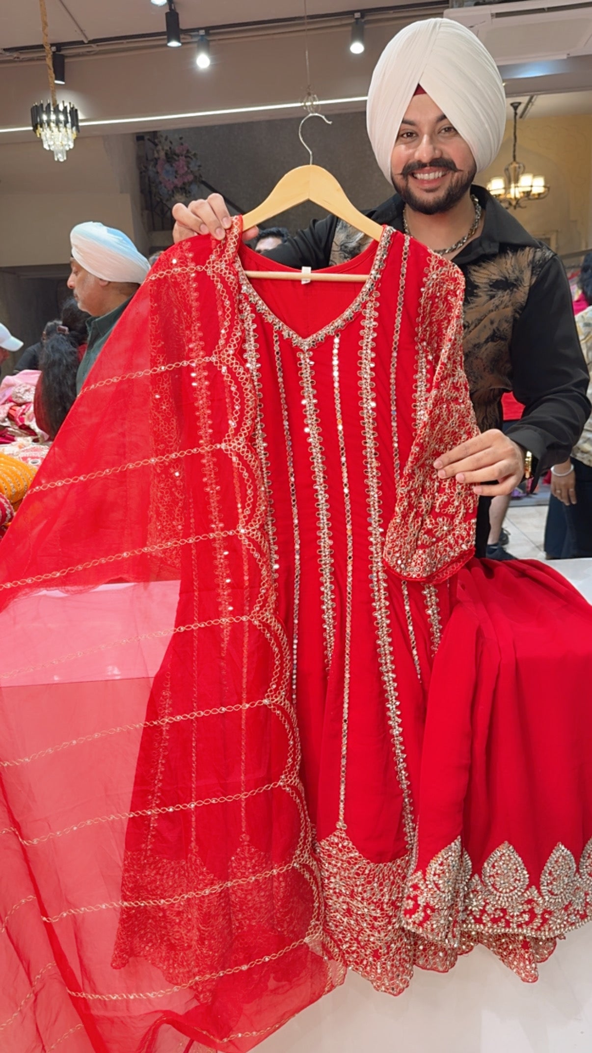 Red Georgette Heavy Embroidered & Mirror Pasting Anarkali Plazo Suit With Organza Embroidered Duppata
