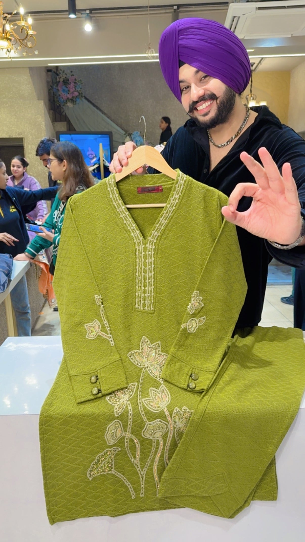 Olive green Premium Woolen Hand embroidered Party Wear Long Length Coord set