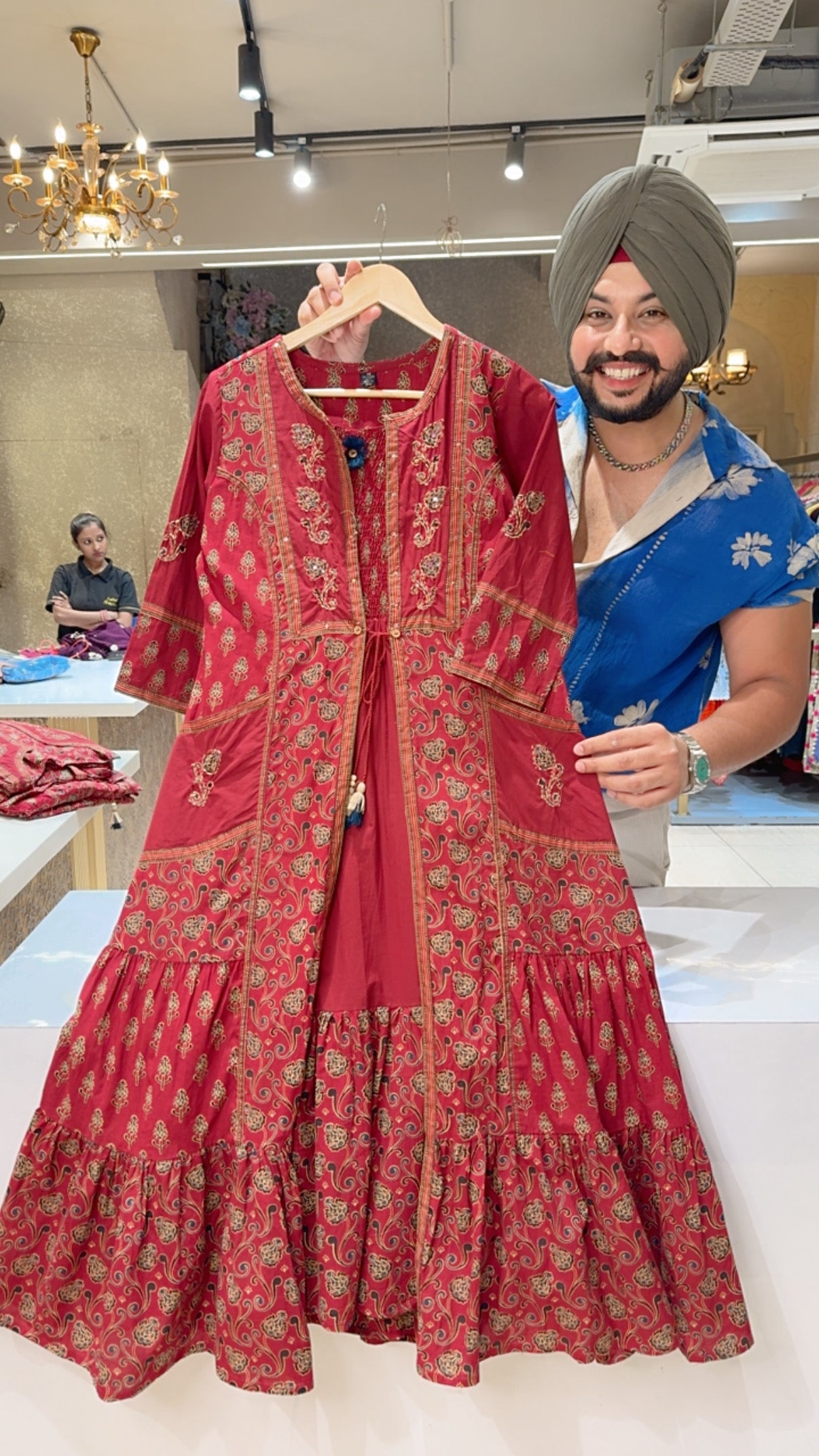 Maroon Ethnic Print Pure Cotton Indowestern Dress with Stylish Embroidered Shrug