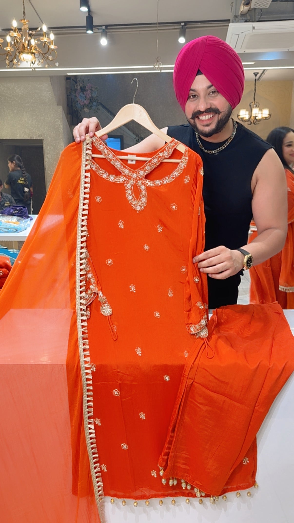 Rusty Orange Chinon Heavy Handwork Designer Neck & Ring Straight suit with Beautiful Duppata