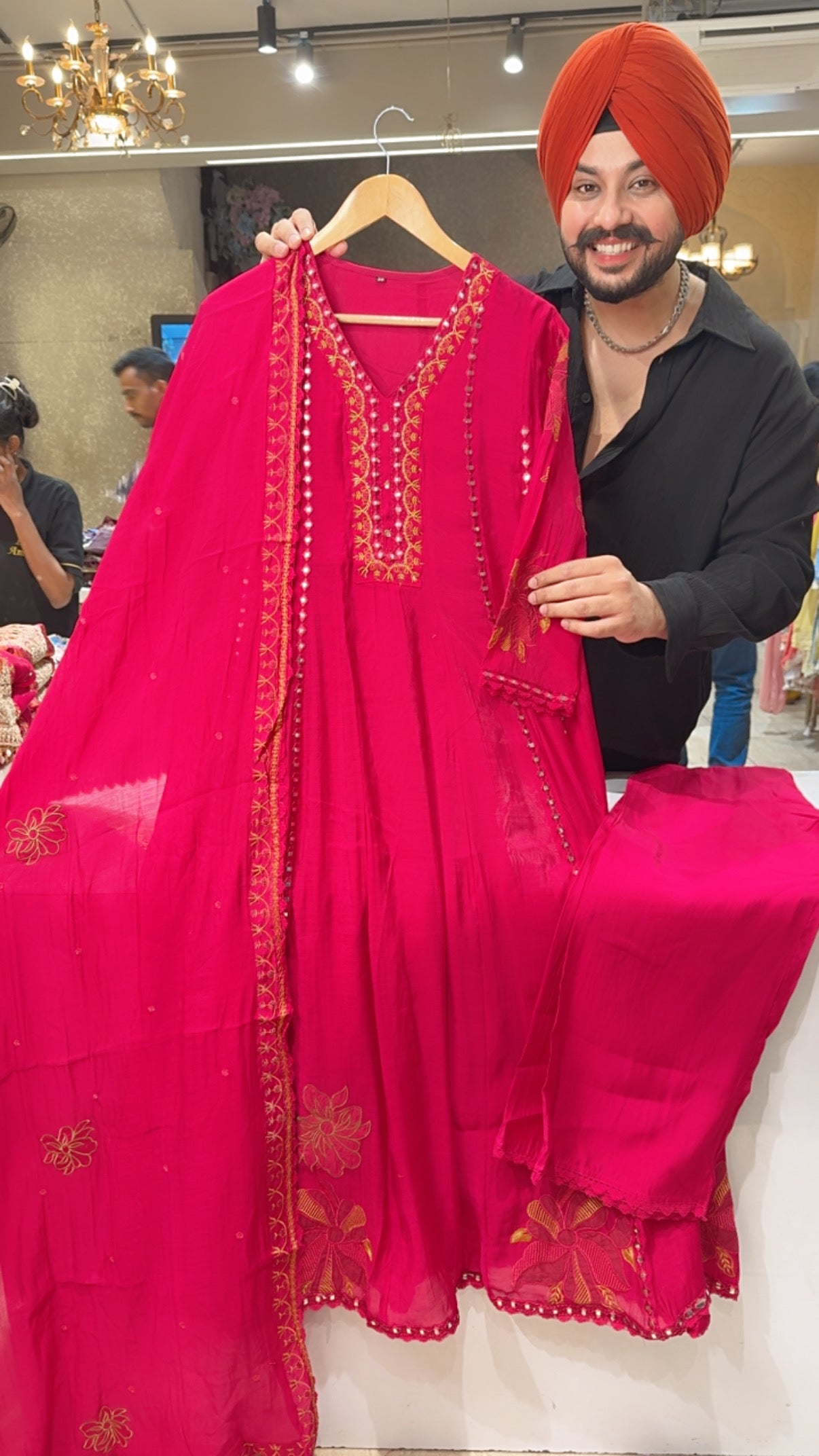 Rani Pink Premium Mal Chanderi Beautiful Embroidered Party wear Anarkali suit