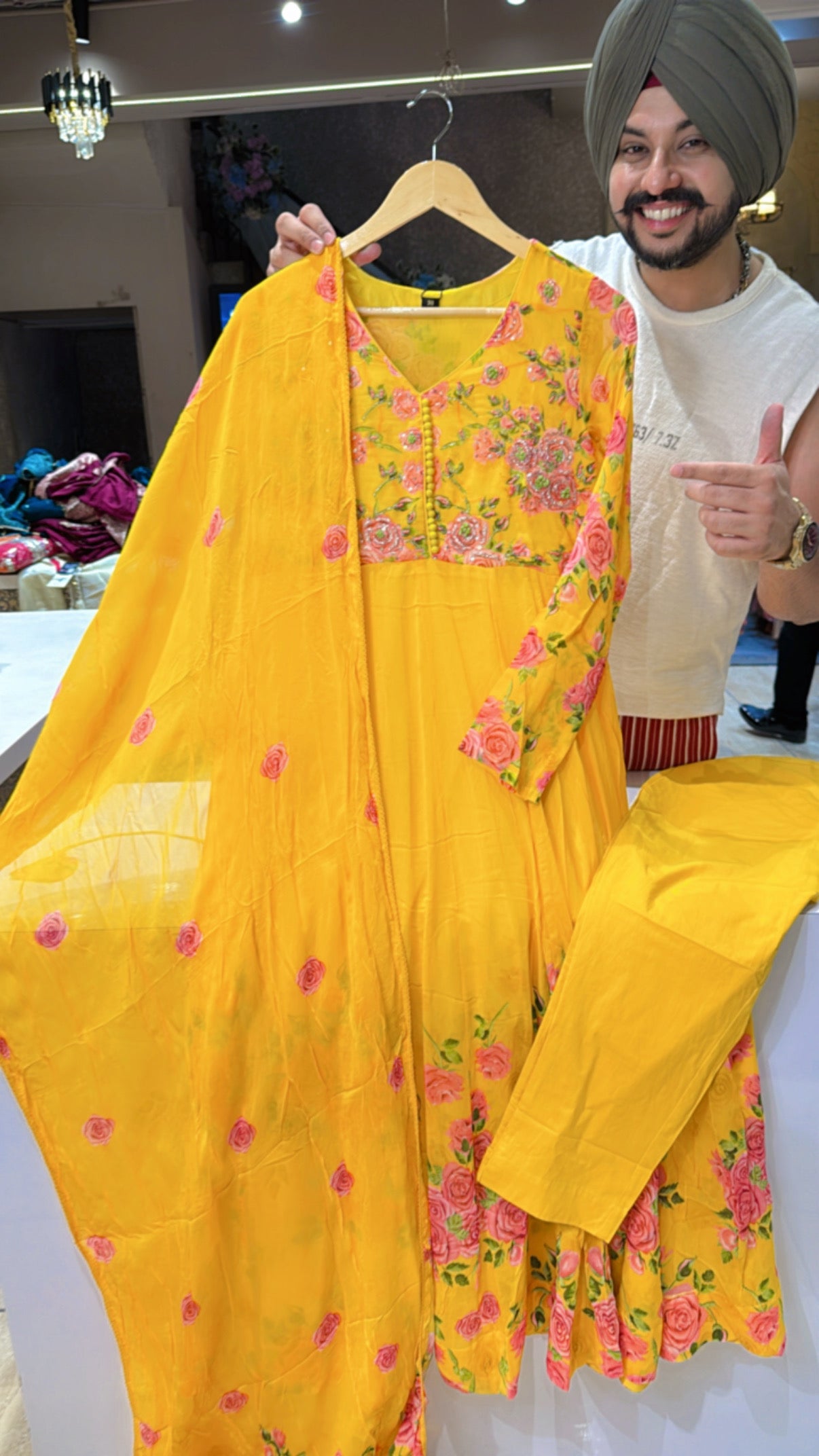 Vibrant Yellow Georgette Floral Print Full Flair Anarkali Suit with Hand embroidery Work on neck & Sleek Dupppata