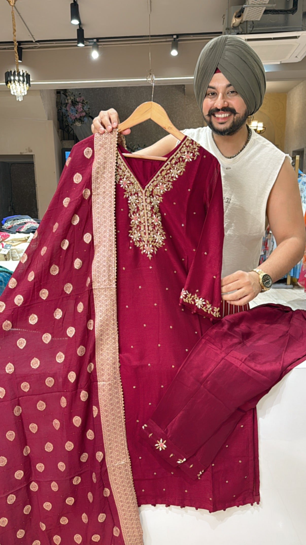 Winenish Maroon chinon Heavy hand embroidered Straight Suit with Banarasi Look Duppata