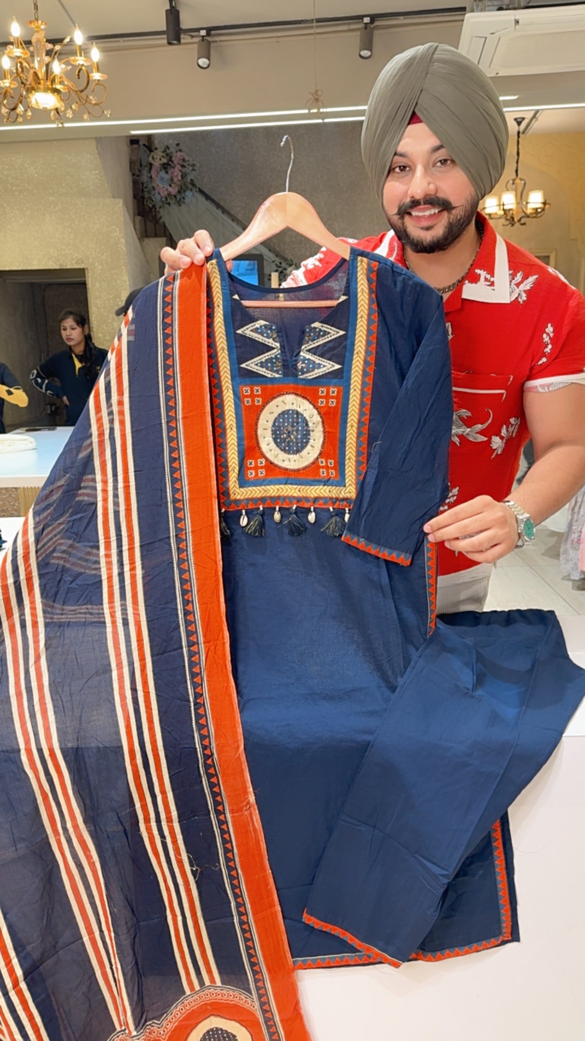 Dark Blue Pure Cotton Office Wear Suits with Sleek Hand embroidery work on neck