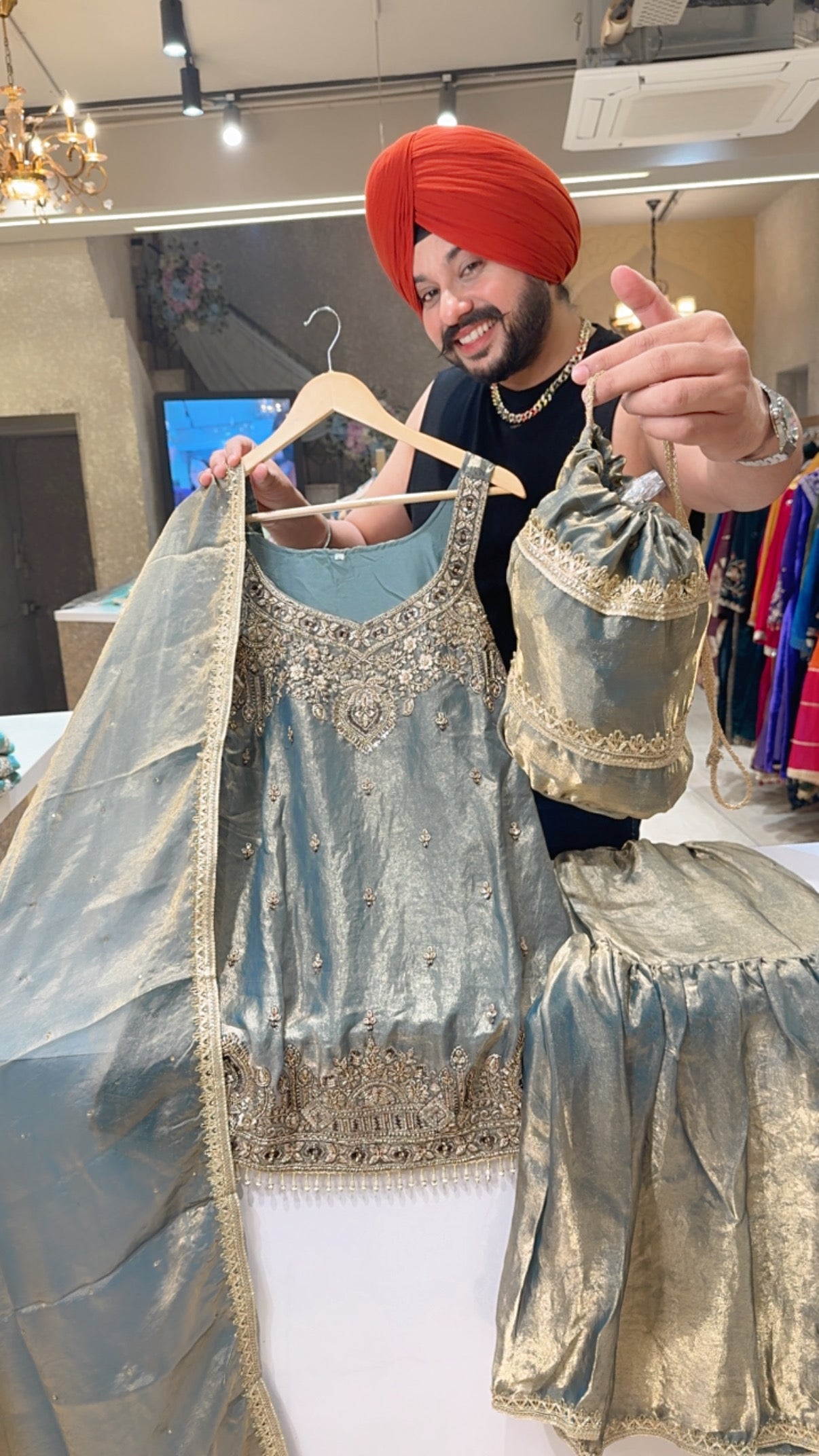 Blueish Grey Crush Shimmer Tissue Heavy Hand Embroidered Garara Suit