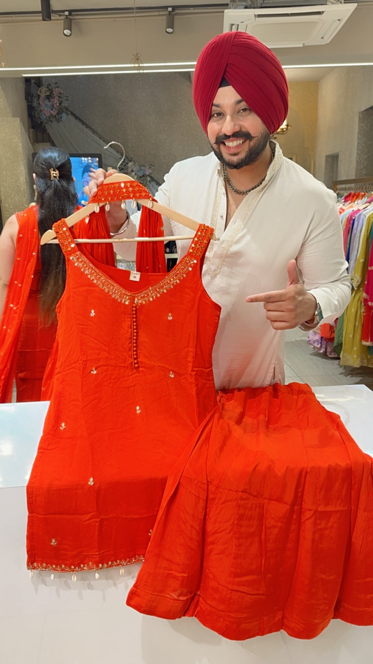 Girlish Rusty Orange Starp Sleeves Hand embroidered party Wear Sharara set with Stylish Necklace Duppata